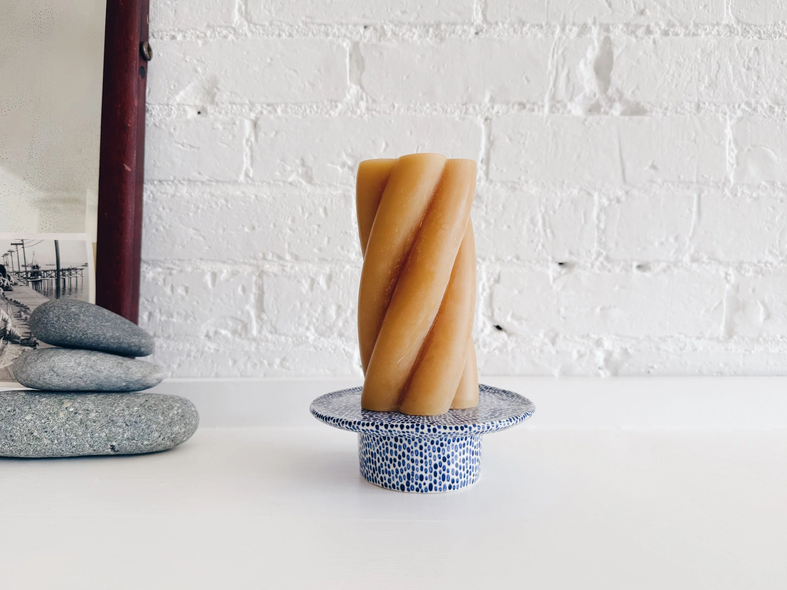Blue and white, handmade ceramic raised plate.