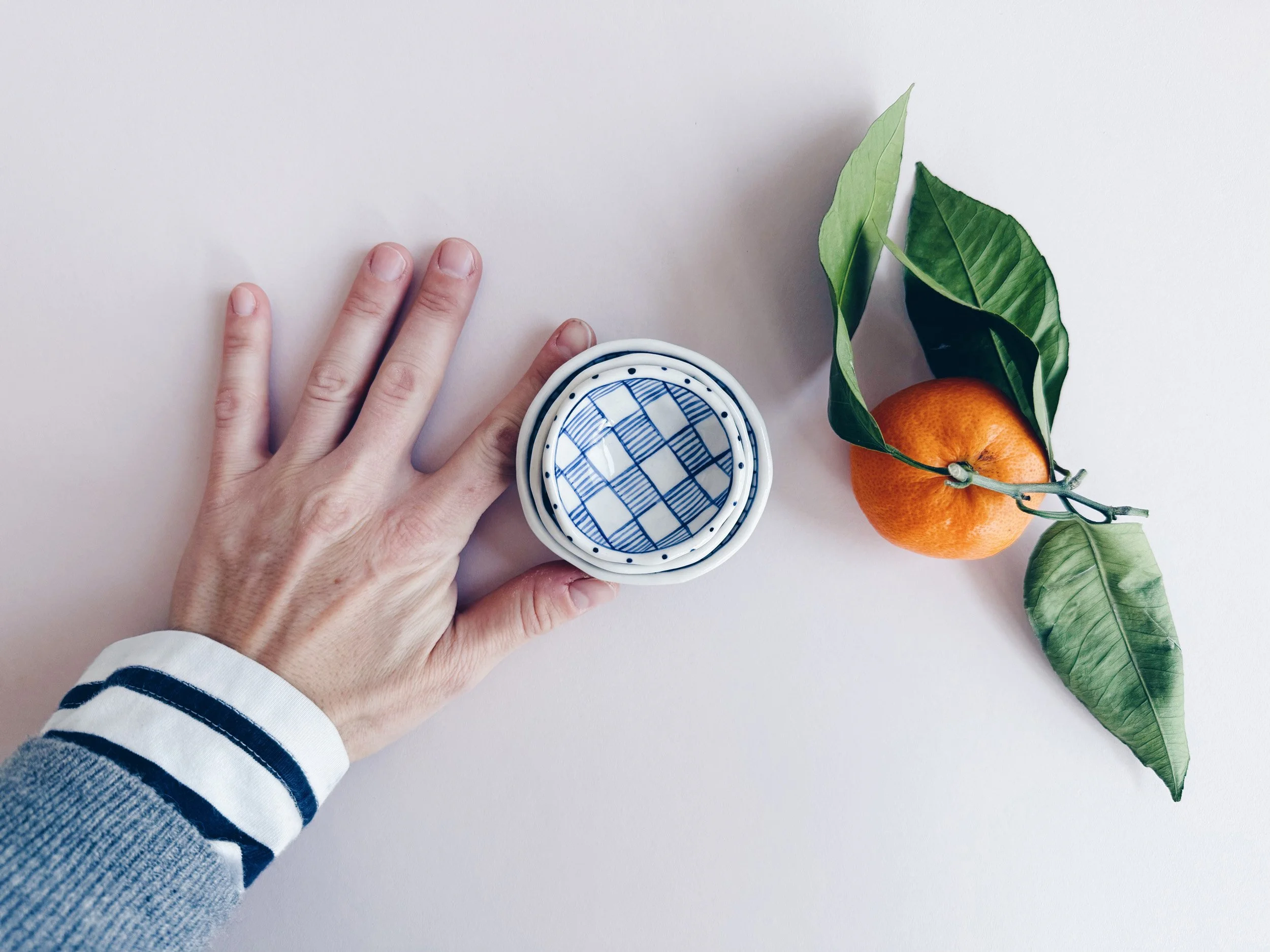 Blue and white, handmade ceramic bowl.