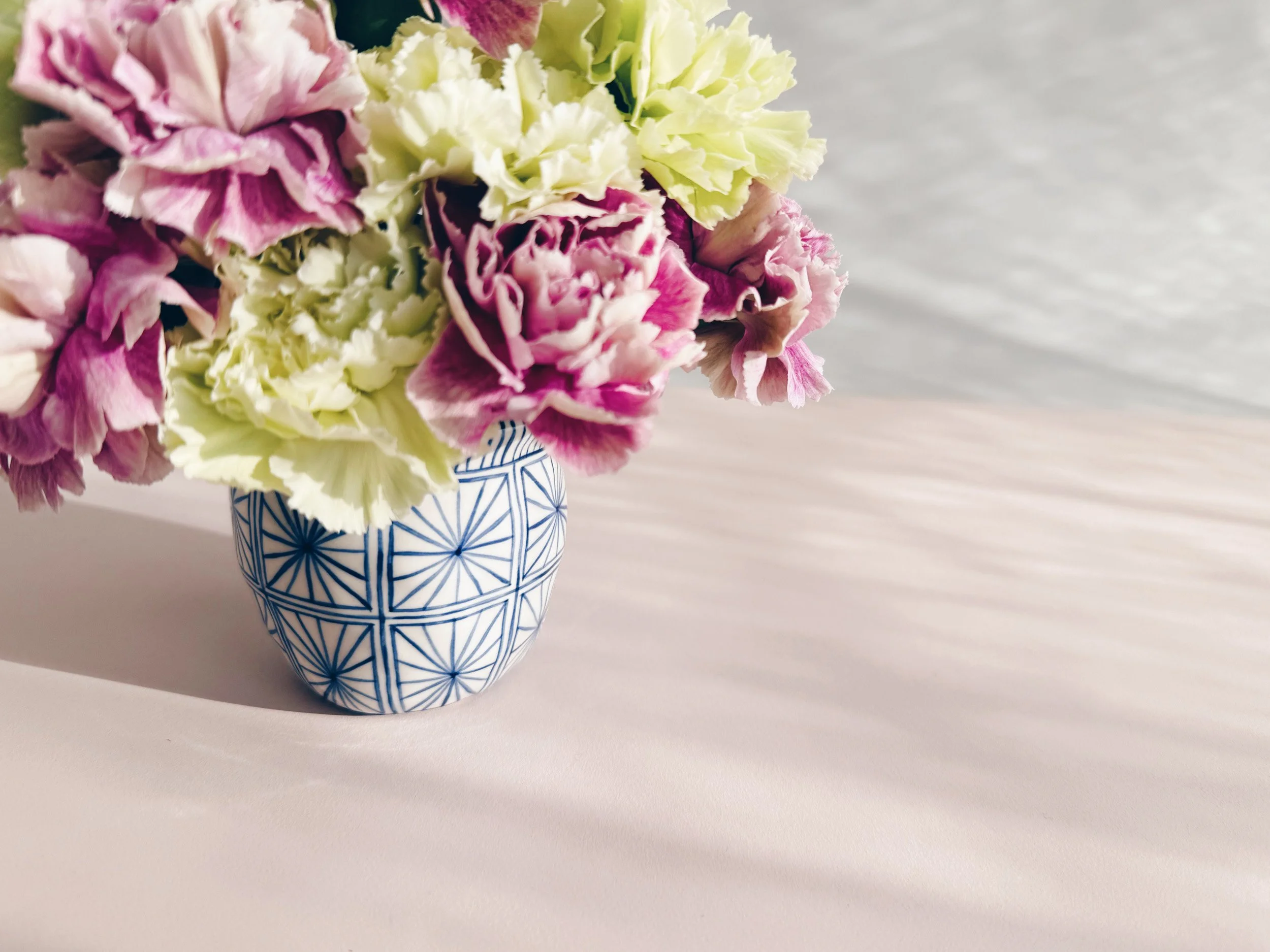 Blue and white, handmade ceramic vase.