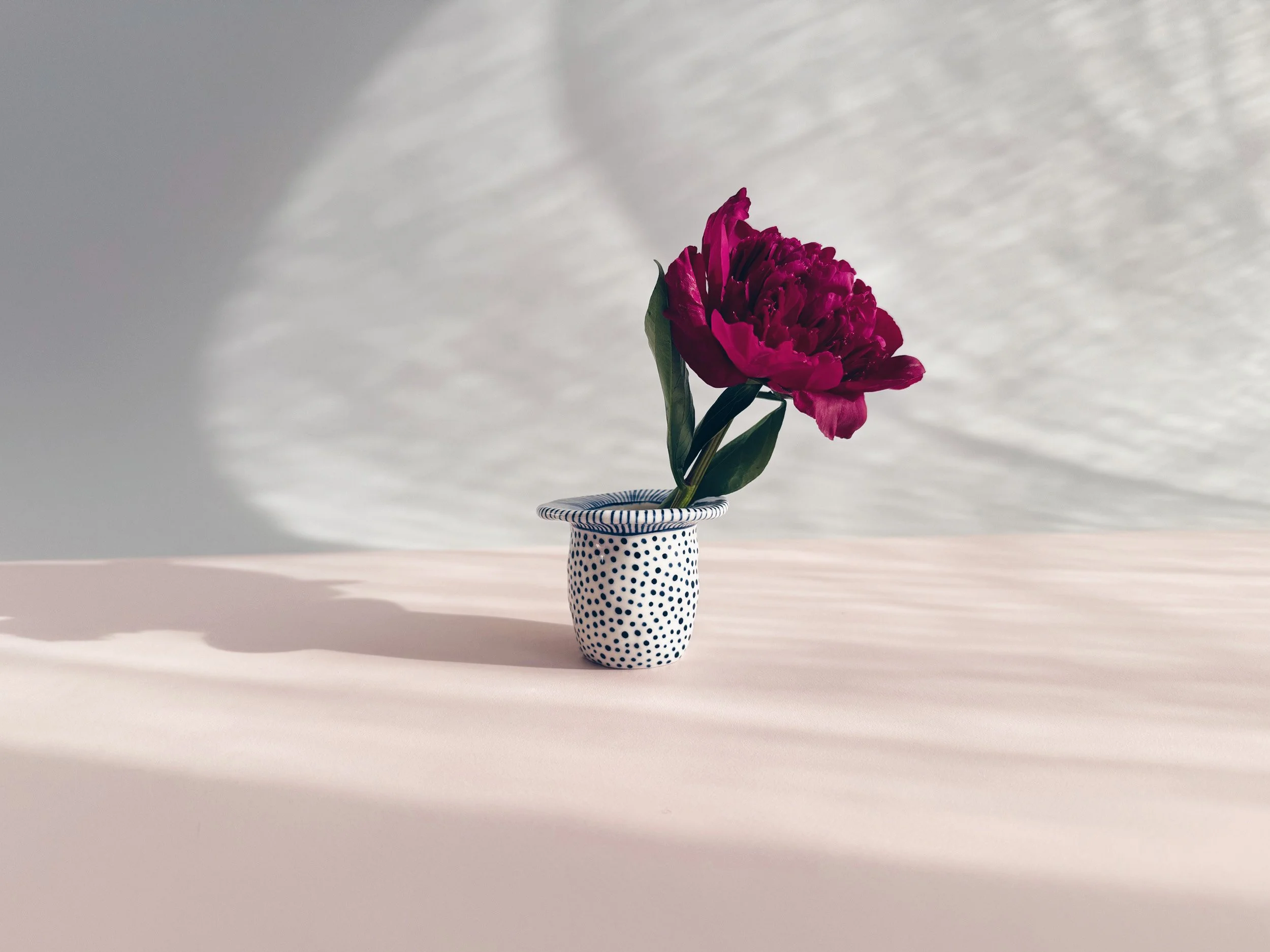 Blue and white, handmade ceramic vase.