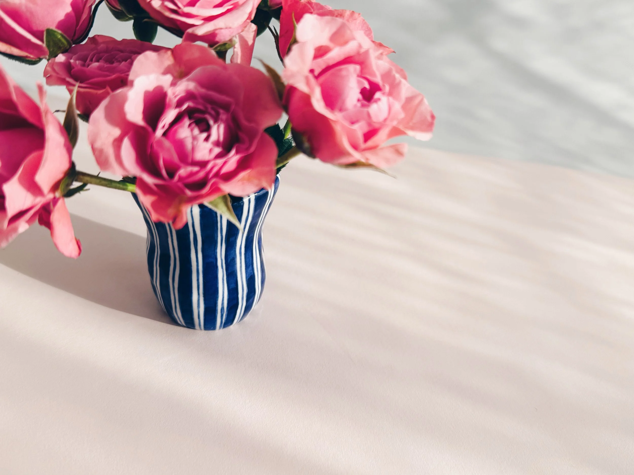 Blue and white, handmade ceramic vase.
