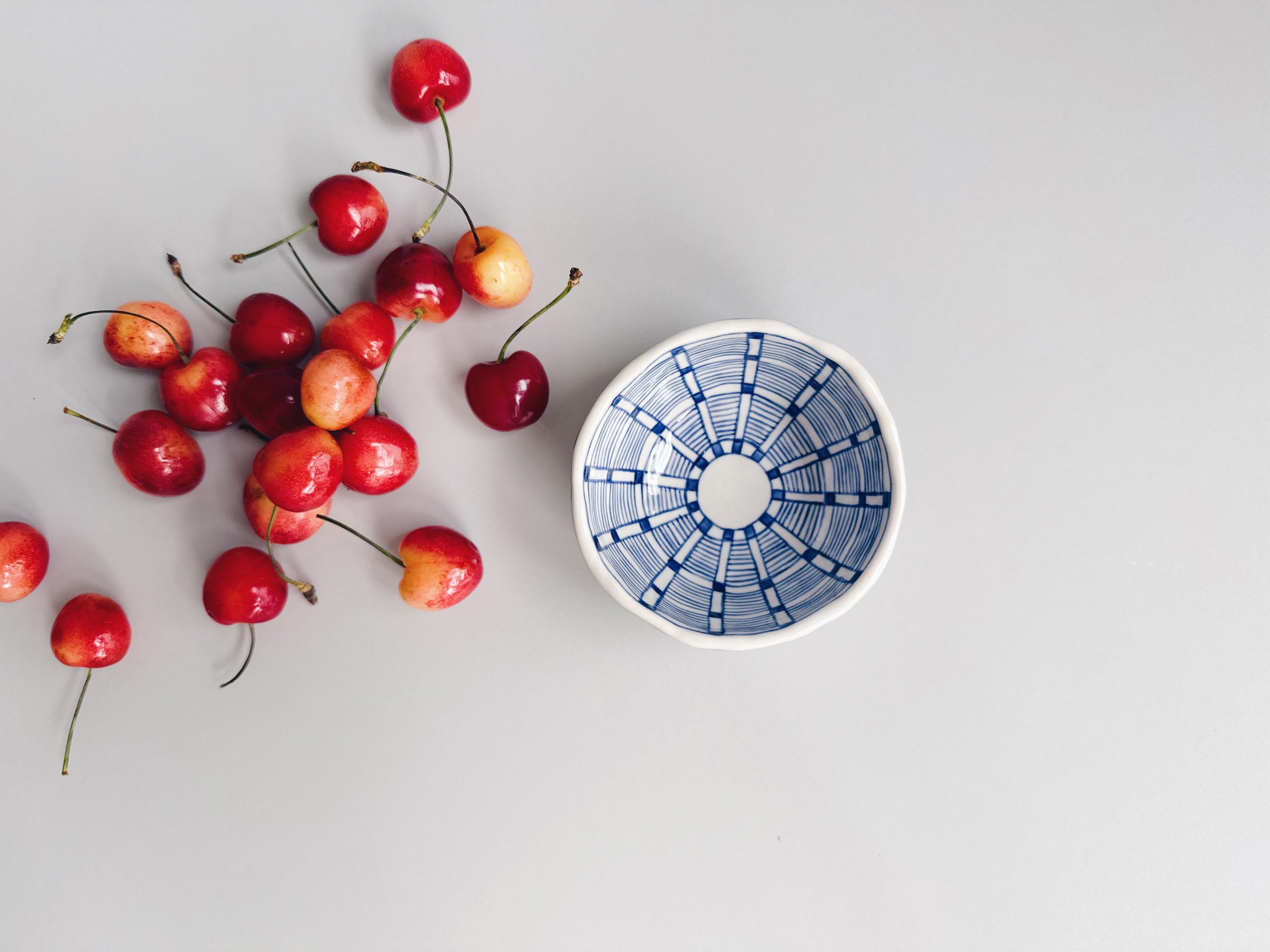 Blue and white, handmade ceramic bowl.
