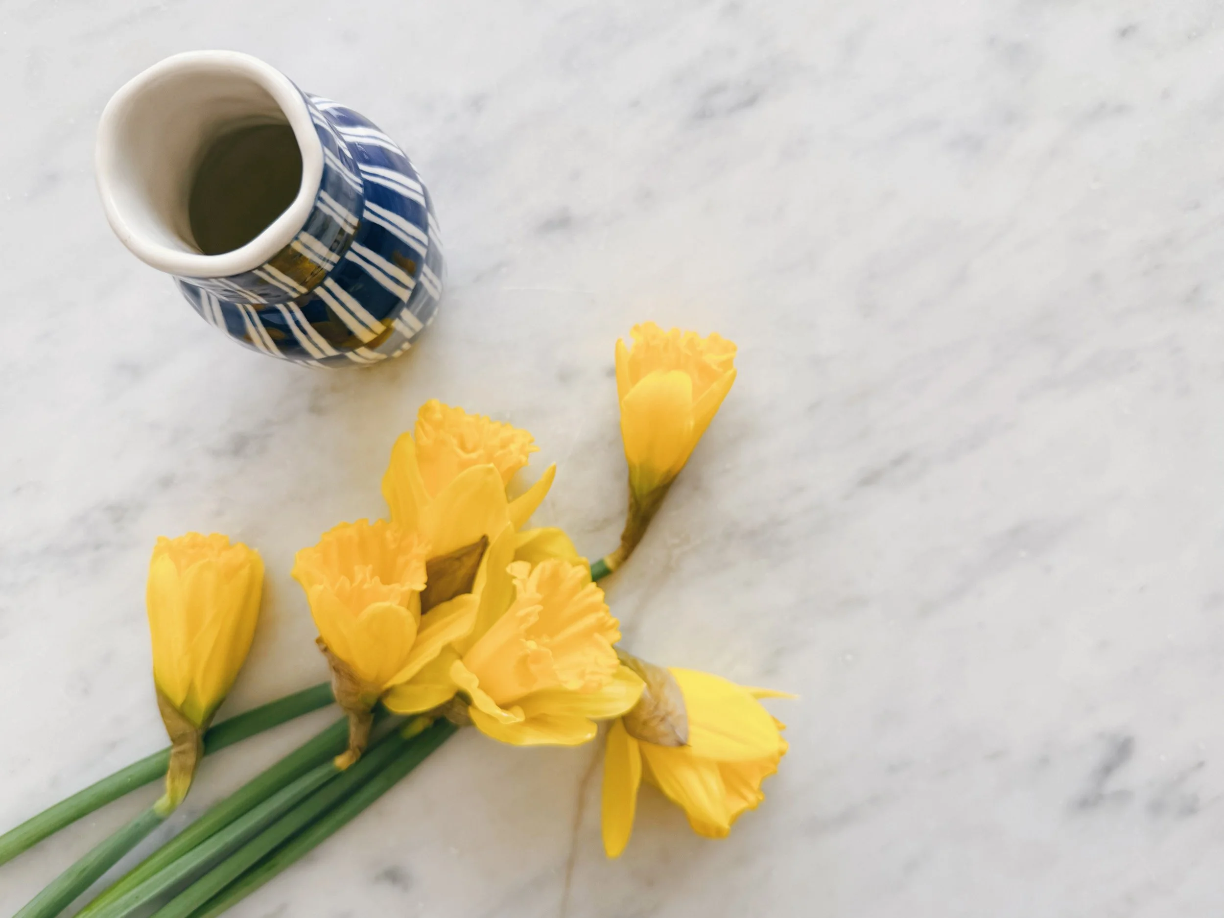 Blue and white, handmade ceramic vase.