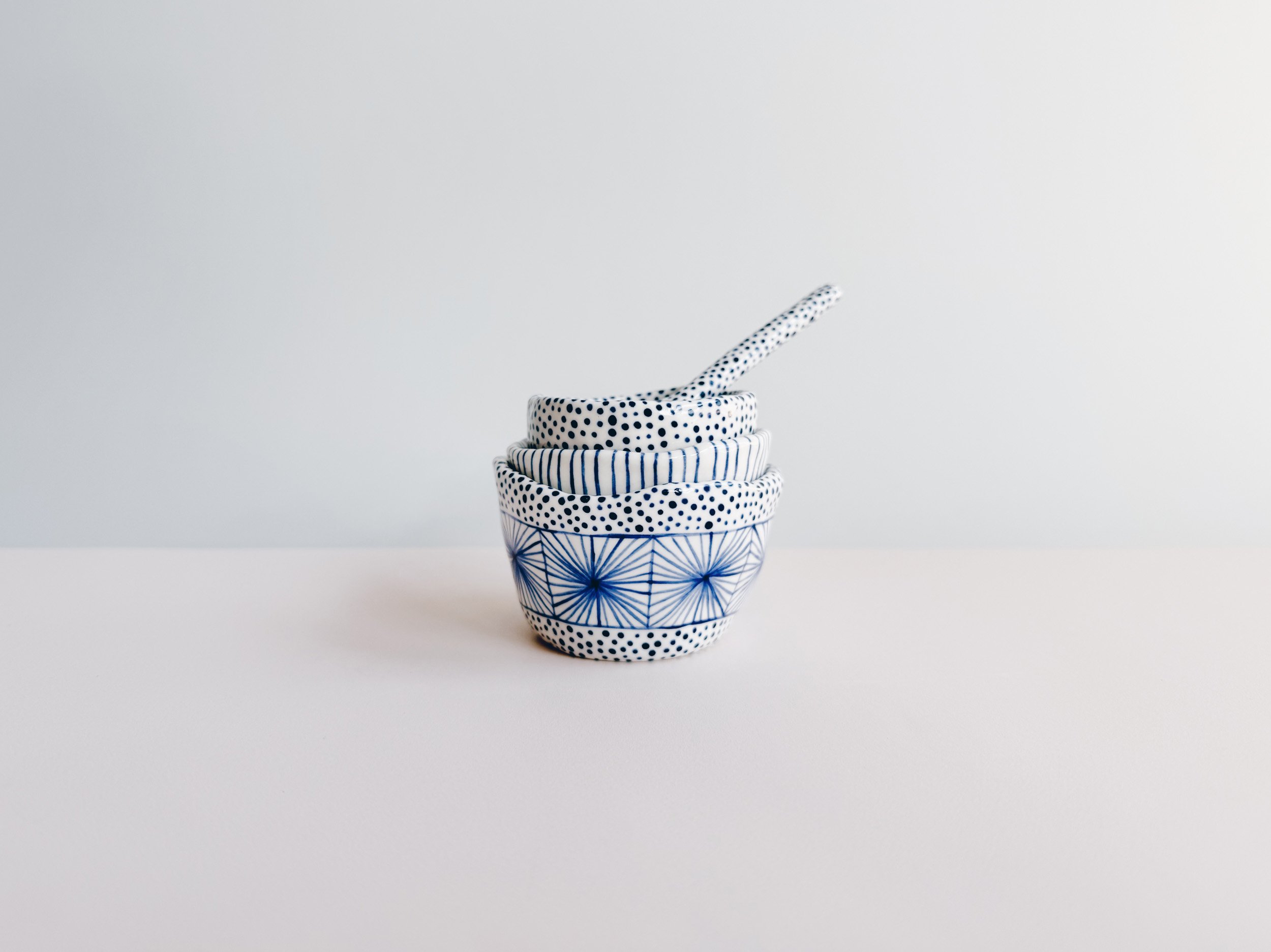 Blue and white, handmade ceramic bowl.