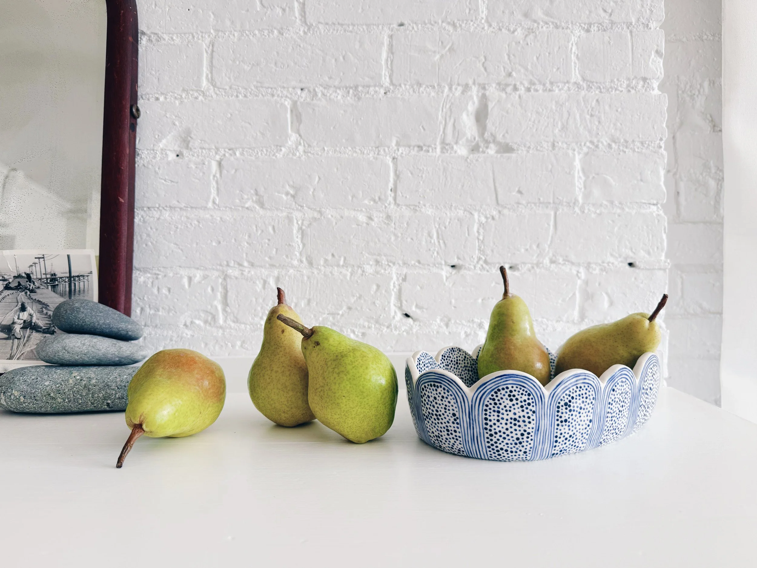 Blue and white, handmade ceramic dish.
