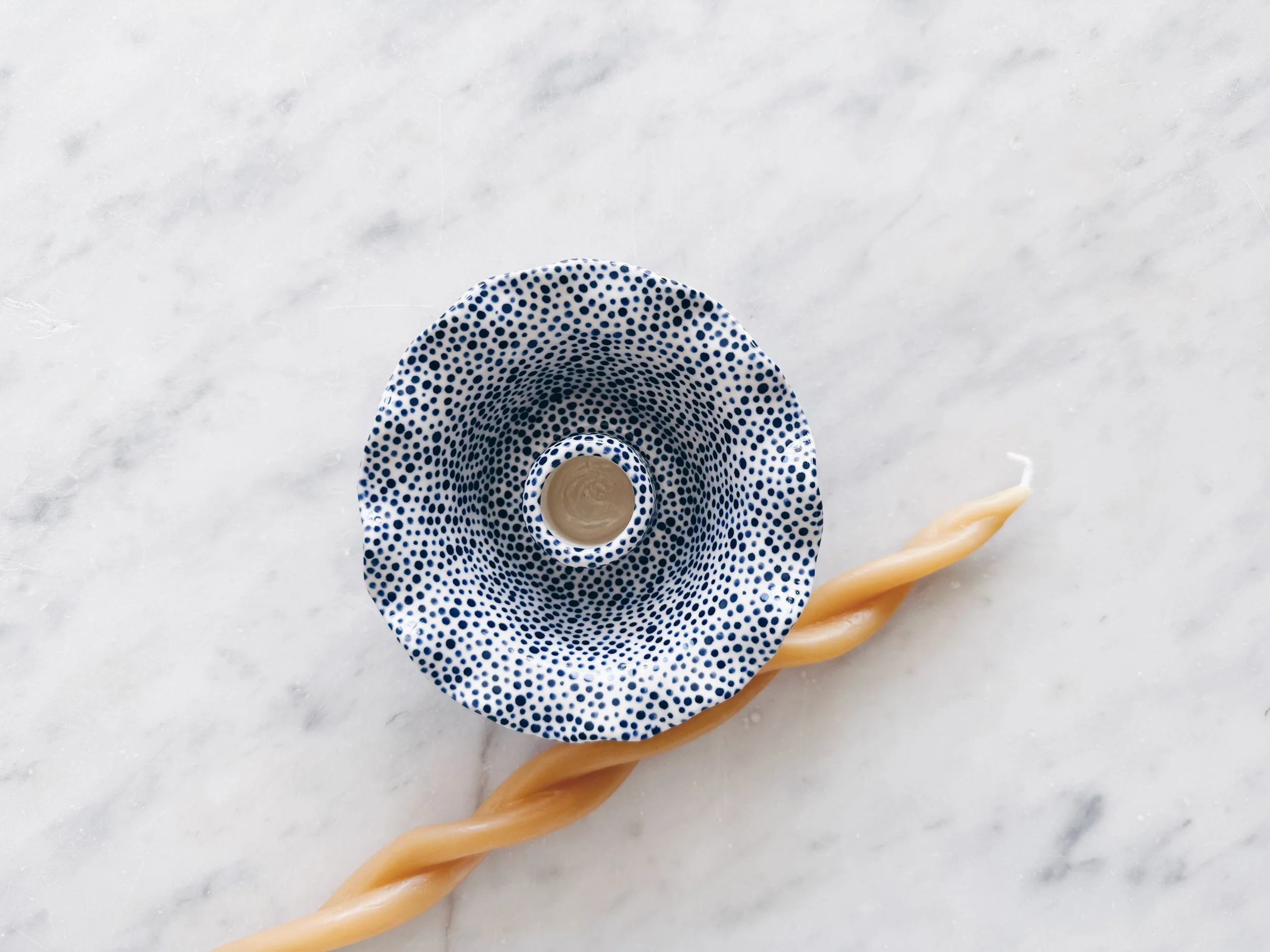 Blue and white, handmade ceramic candleholder.