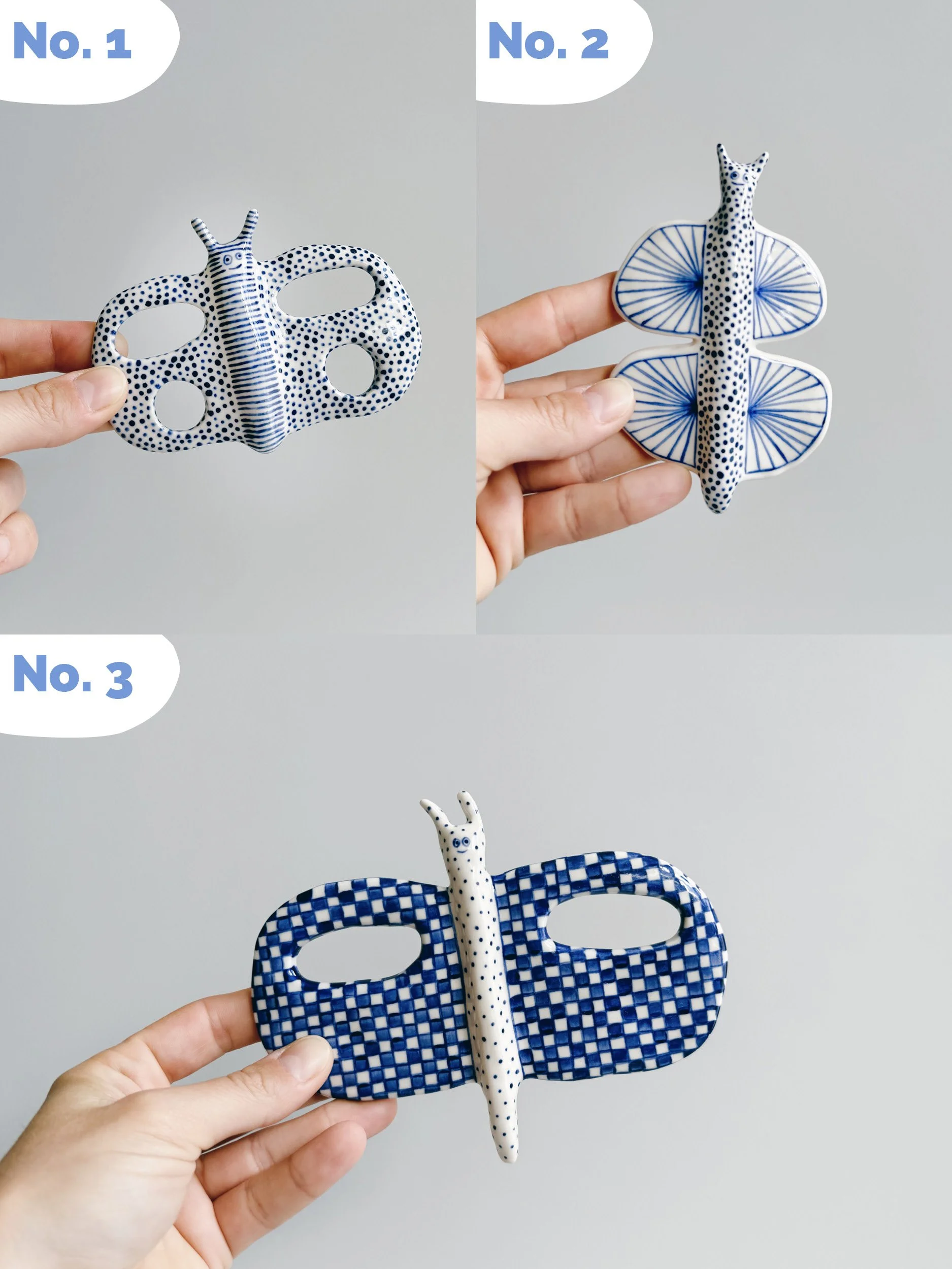 Blue and white, handmade ceramic butterfly.