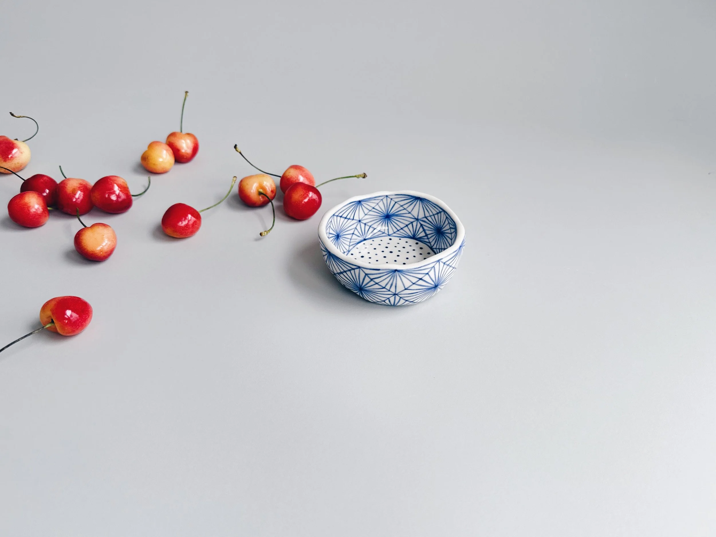 Blue and white, handmade ceramic dish.