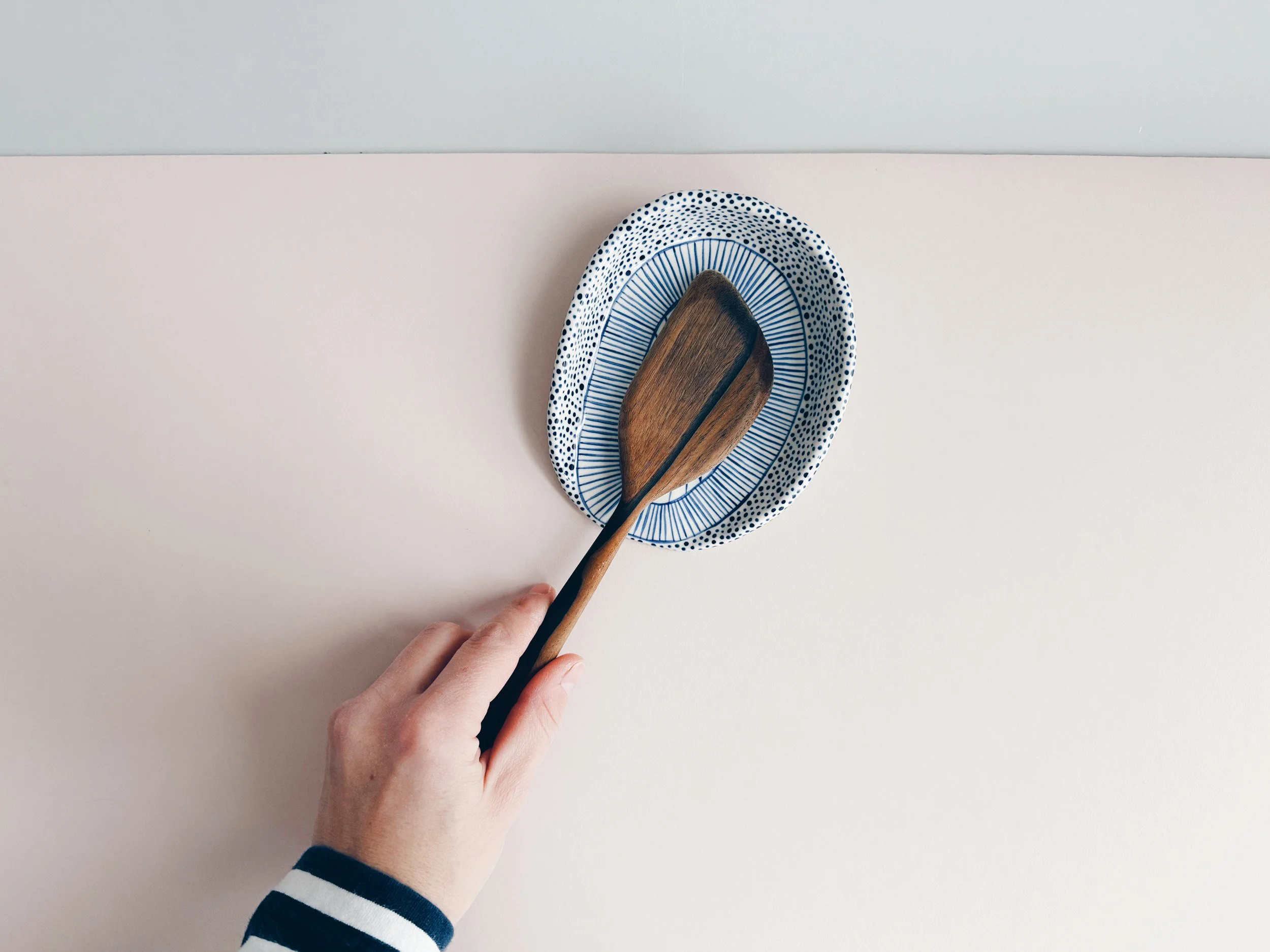 Blue and white, handmade ceramic spoon rest.