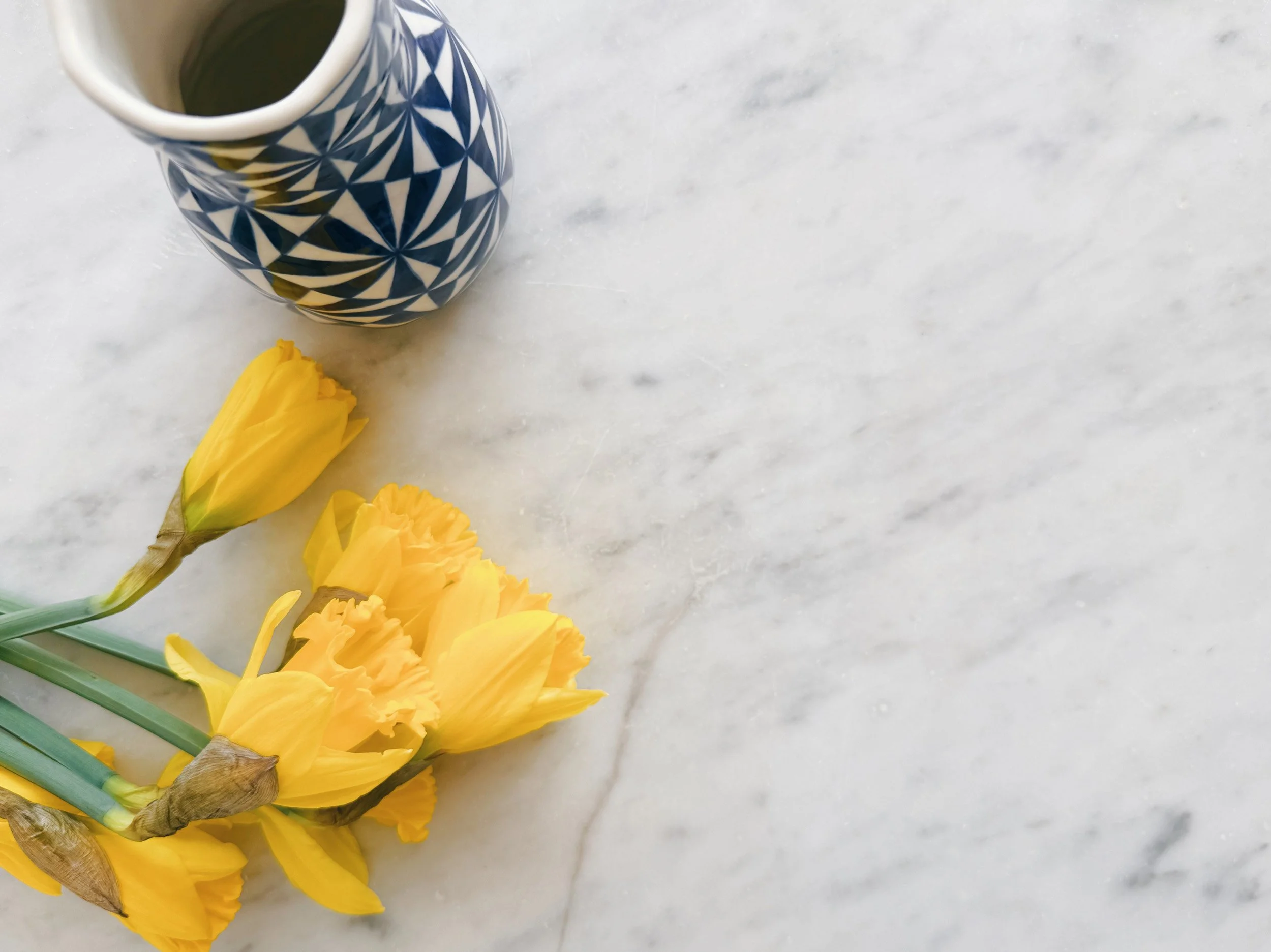 Blue and white, handmade ceramic vase.