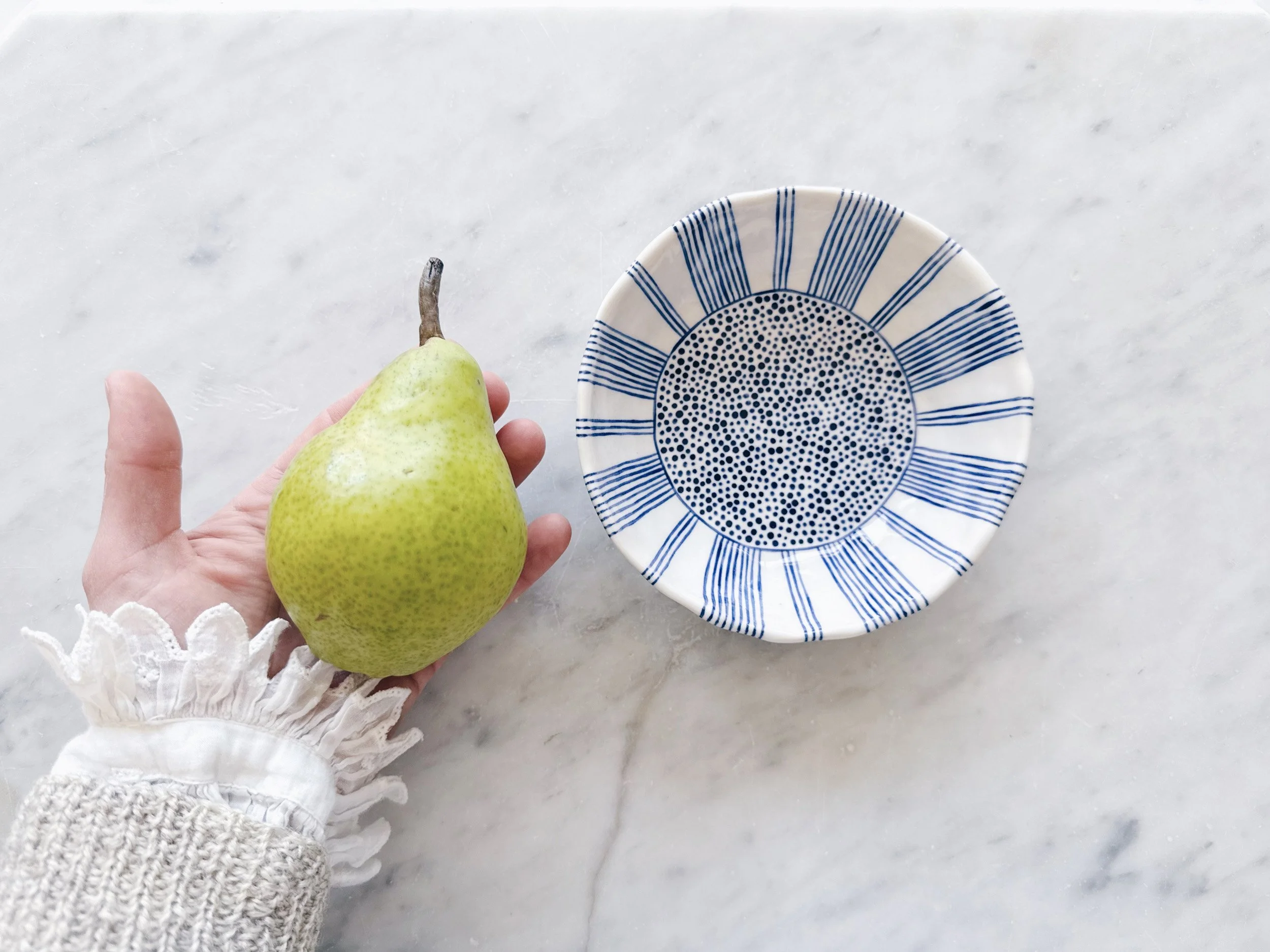 Blue and white, handmade ceramic bowl.