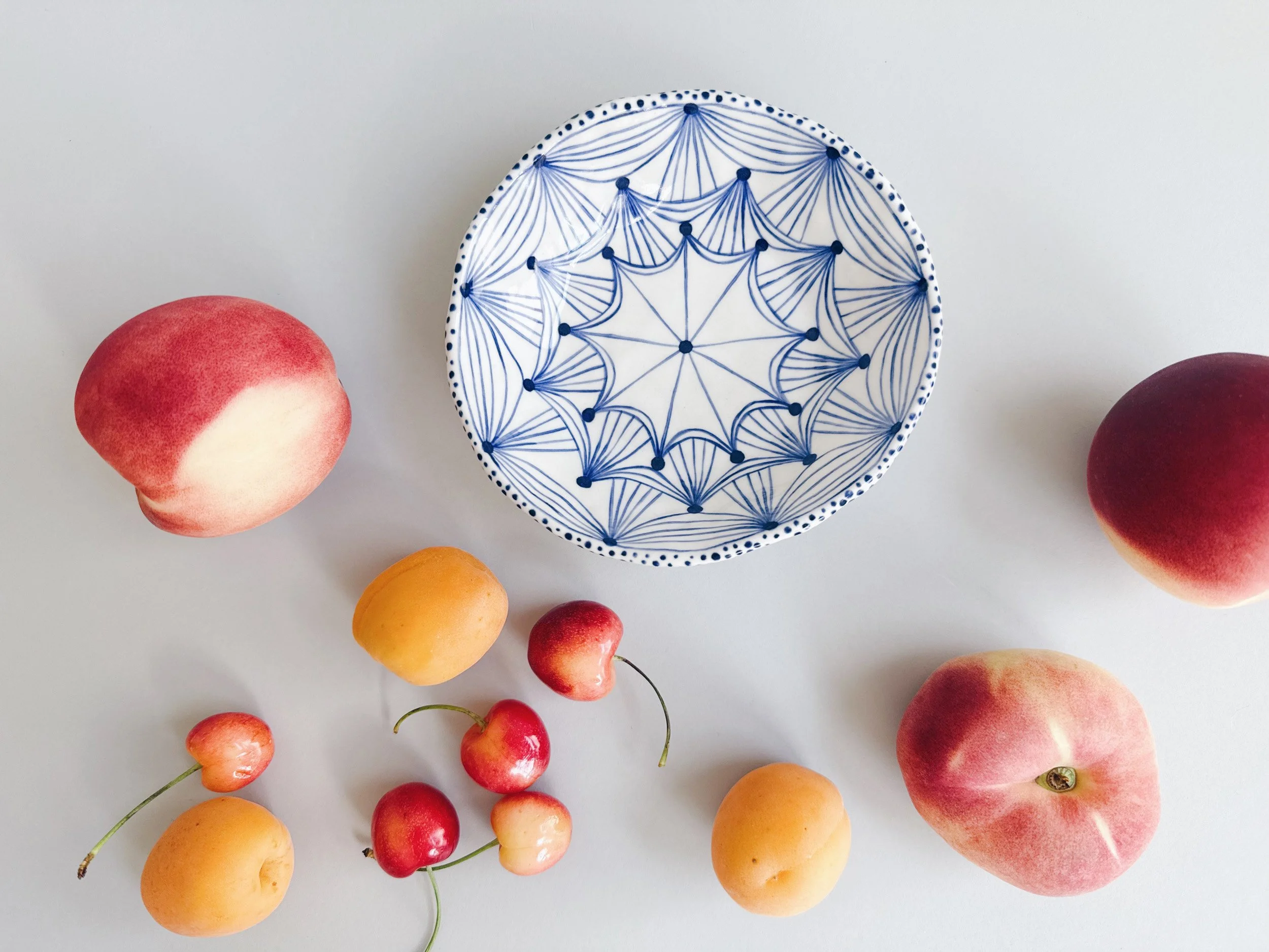 Blue and white, handmade ceramic bowl.