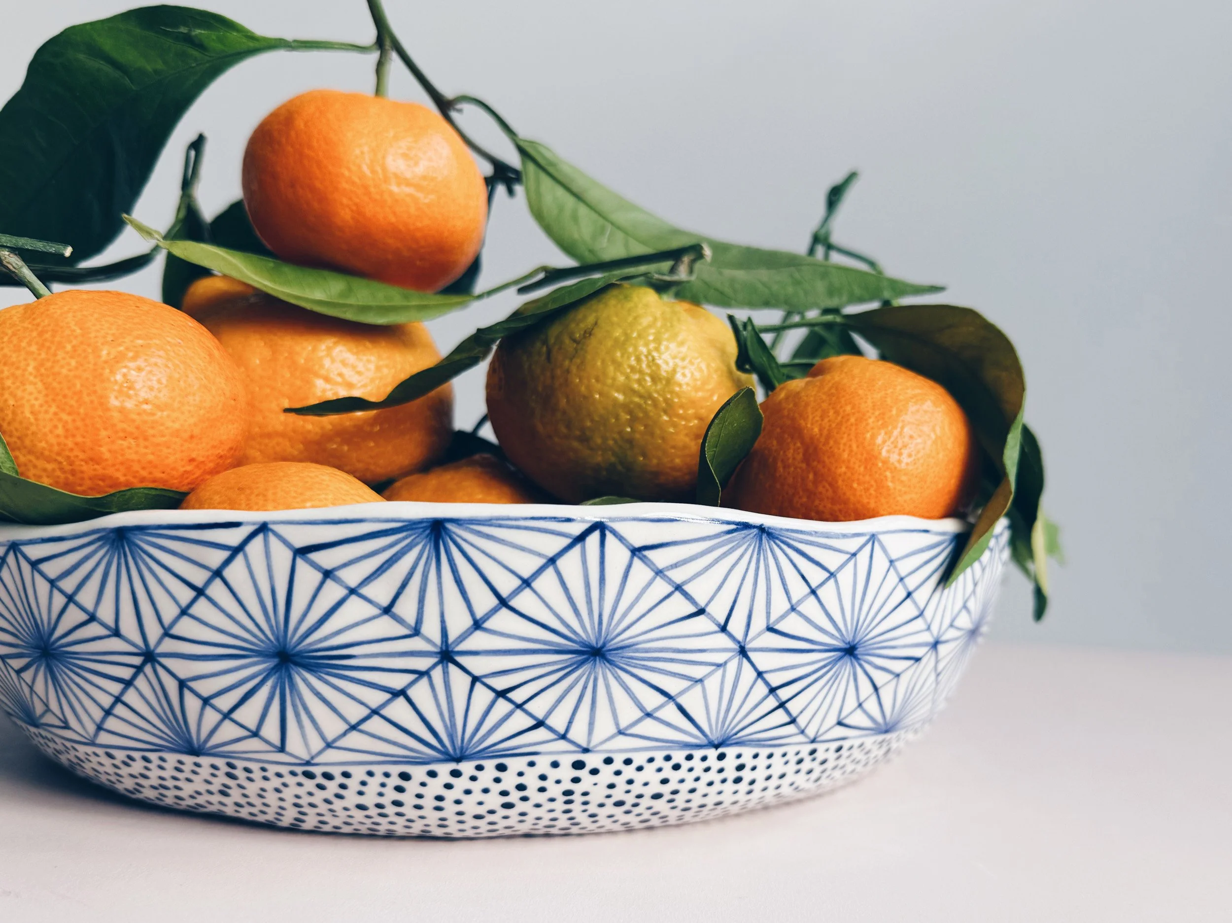 Blue and white, handmade ceramic bowl.