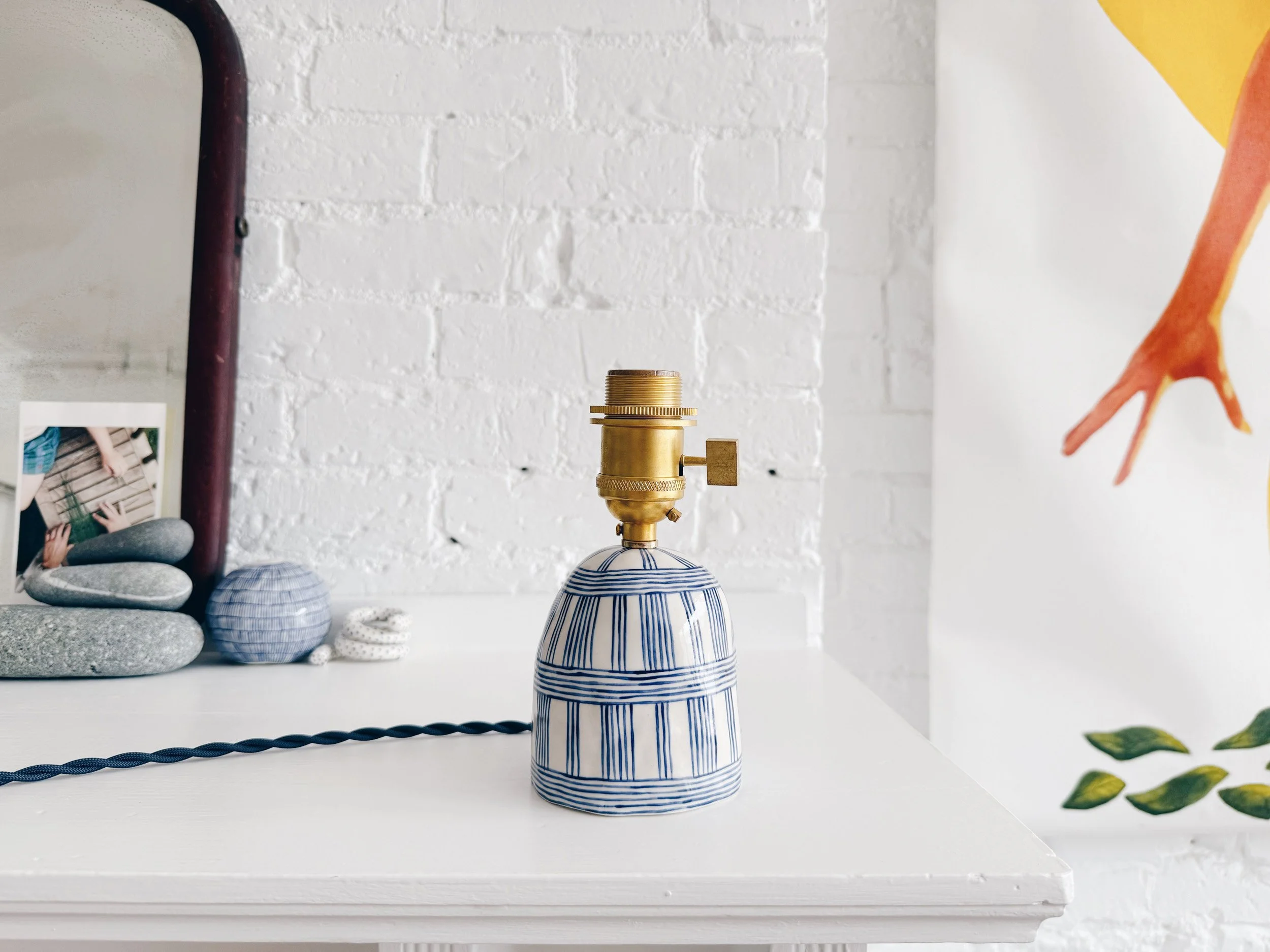 Blue and white, handmade ceramic lamp.