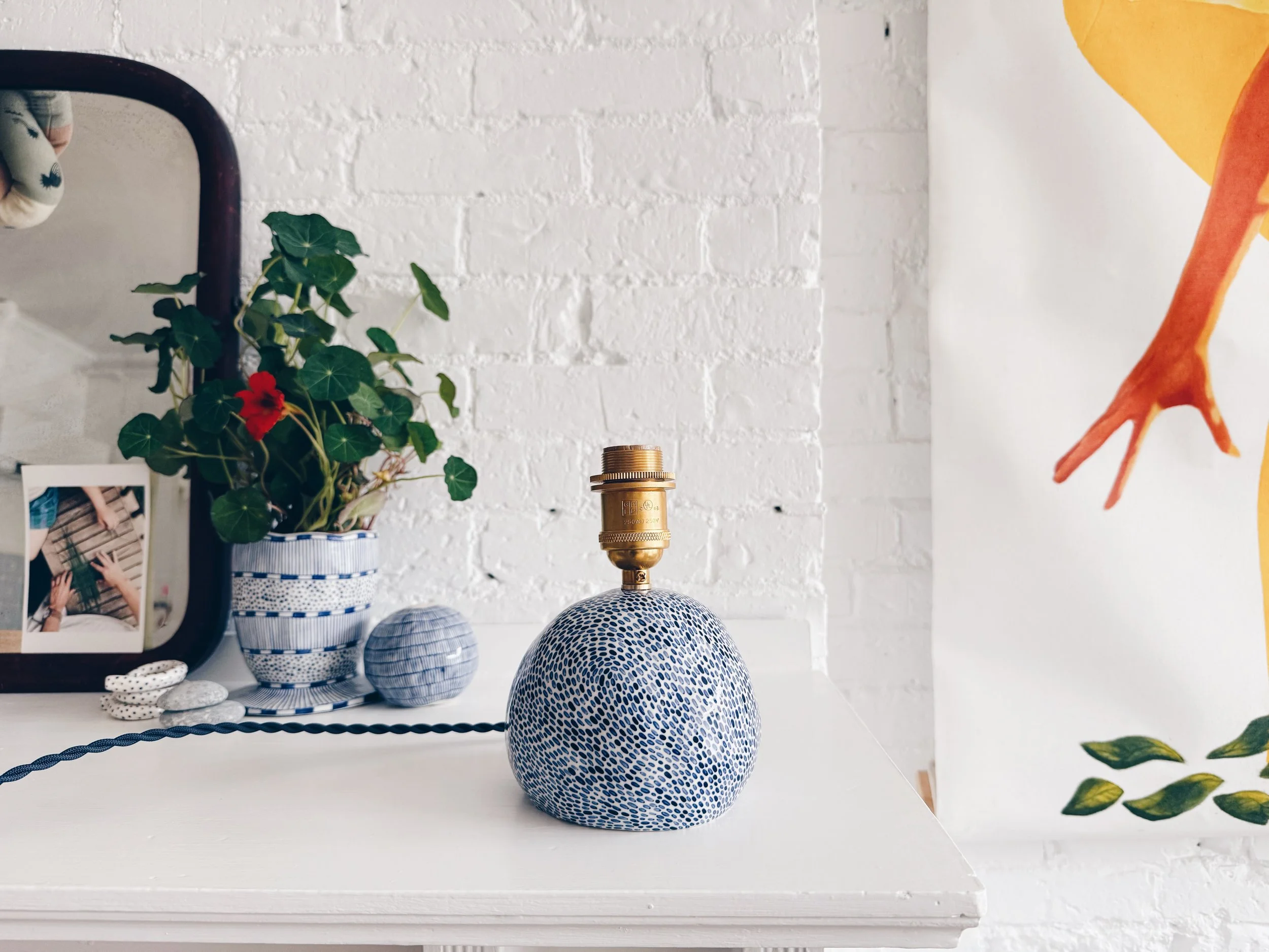 Blue and white, handmade ceramic lamp.