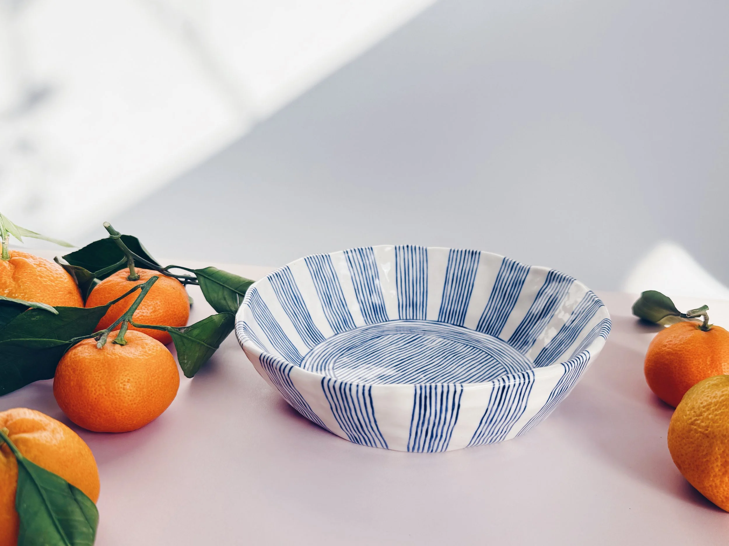 Blue and white, handmade ceramic bowl.