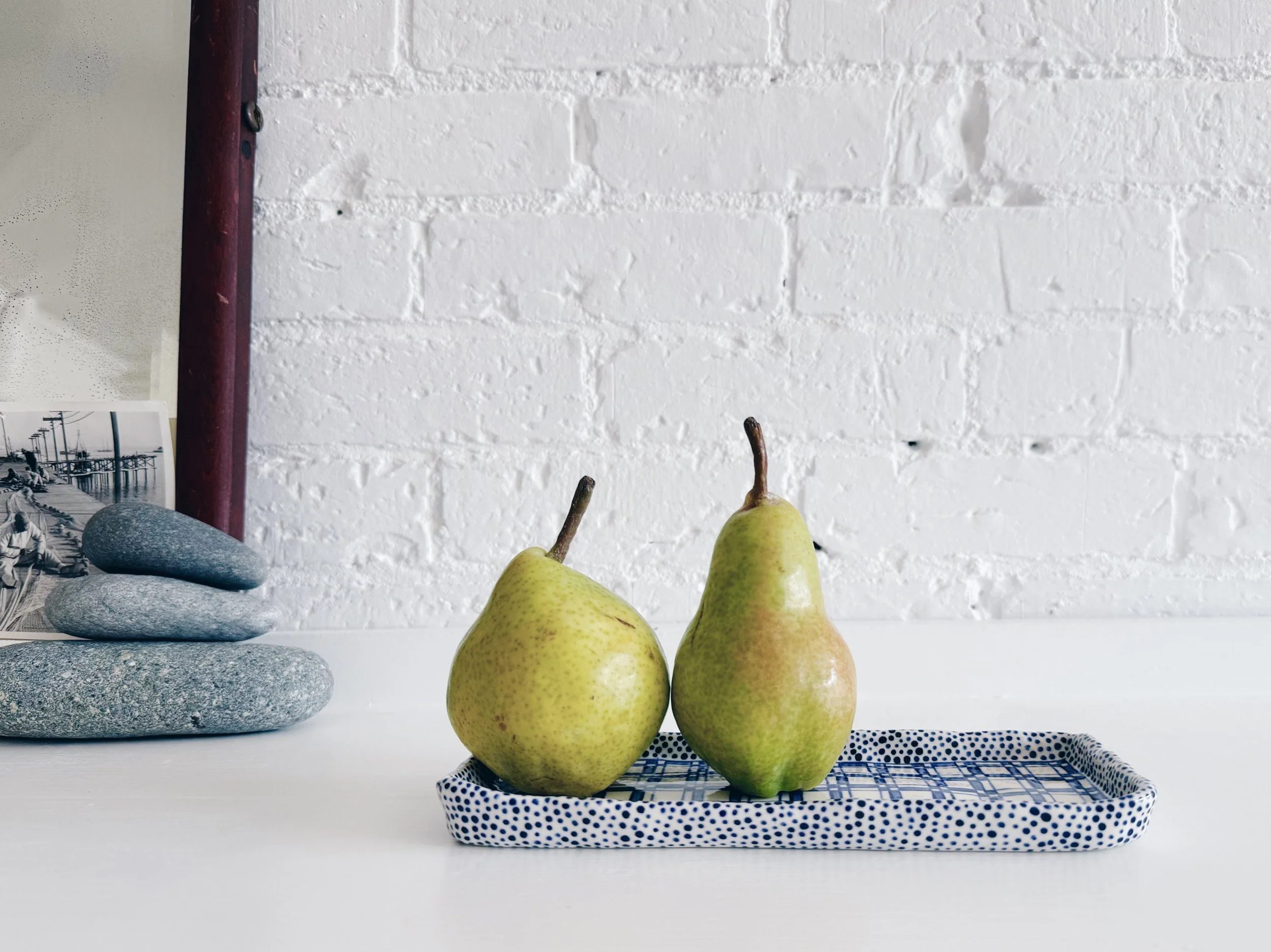 Blue and white, handmade ceramic plate.