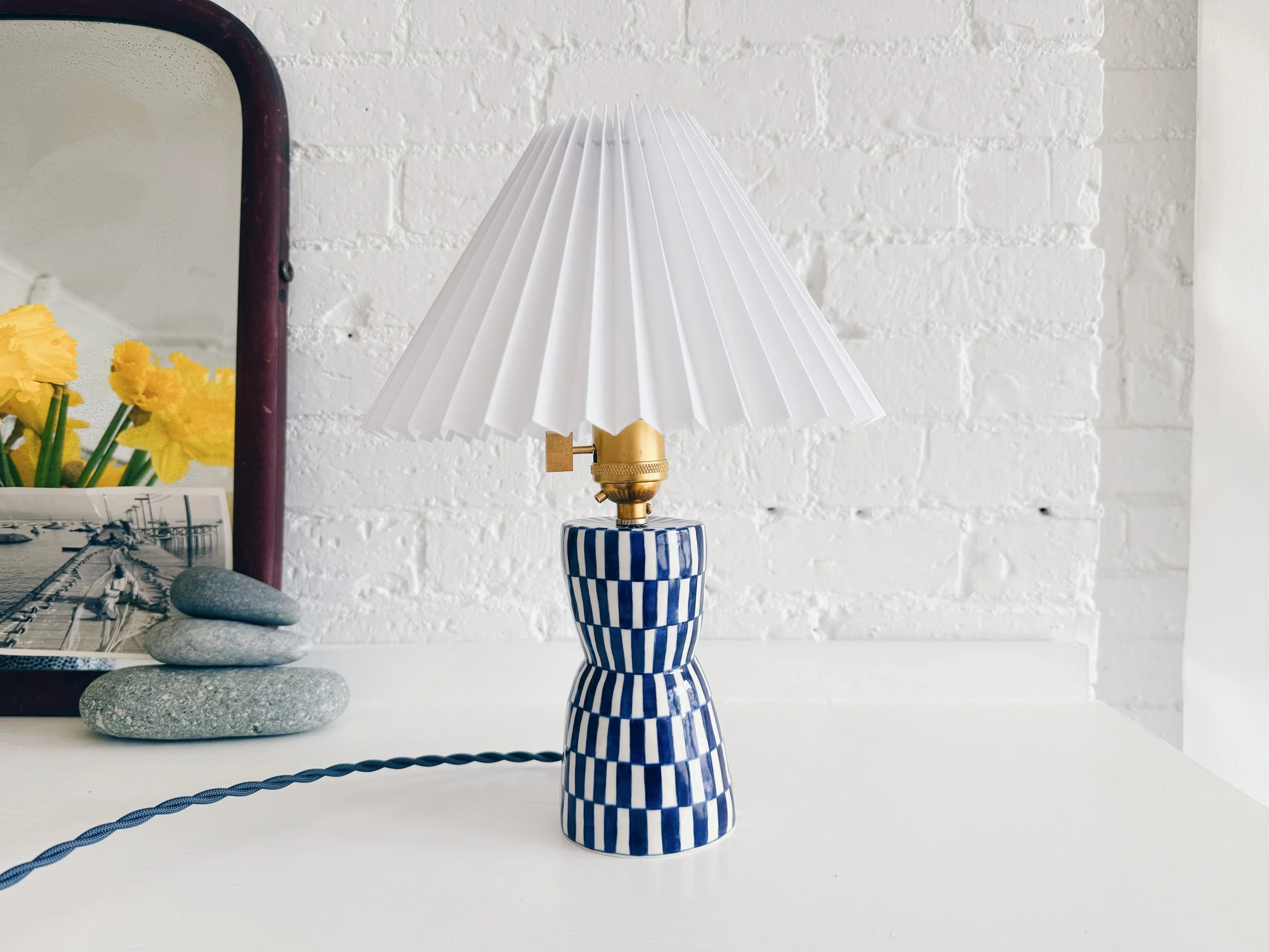 Blue and white, handmade ceramic lamp.