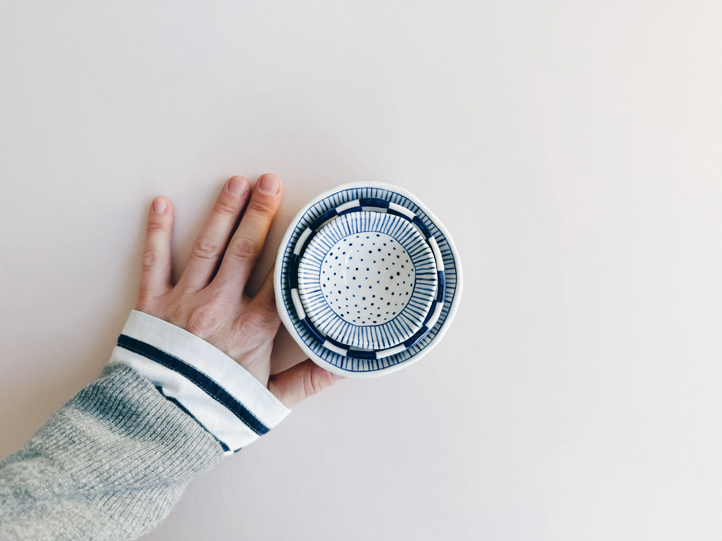 Blue and white, handmade ceramic bowl.