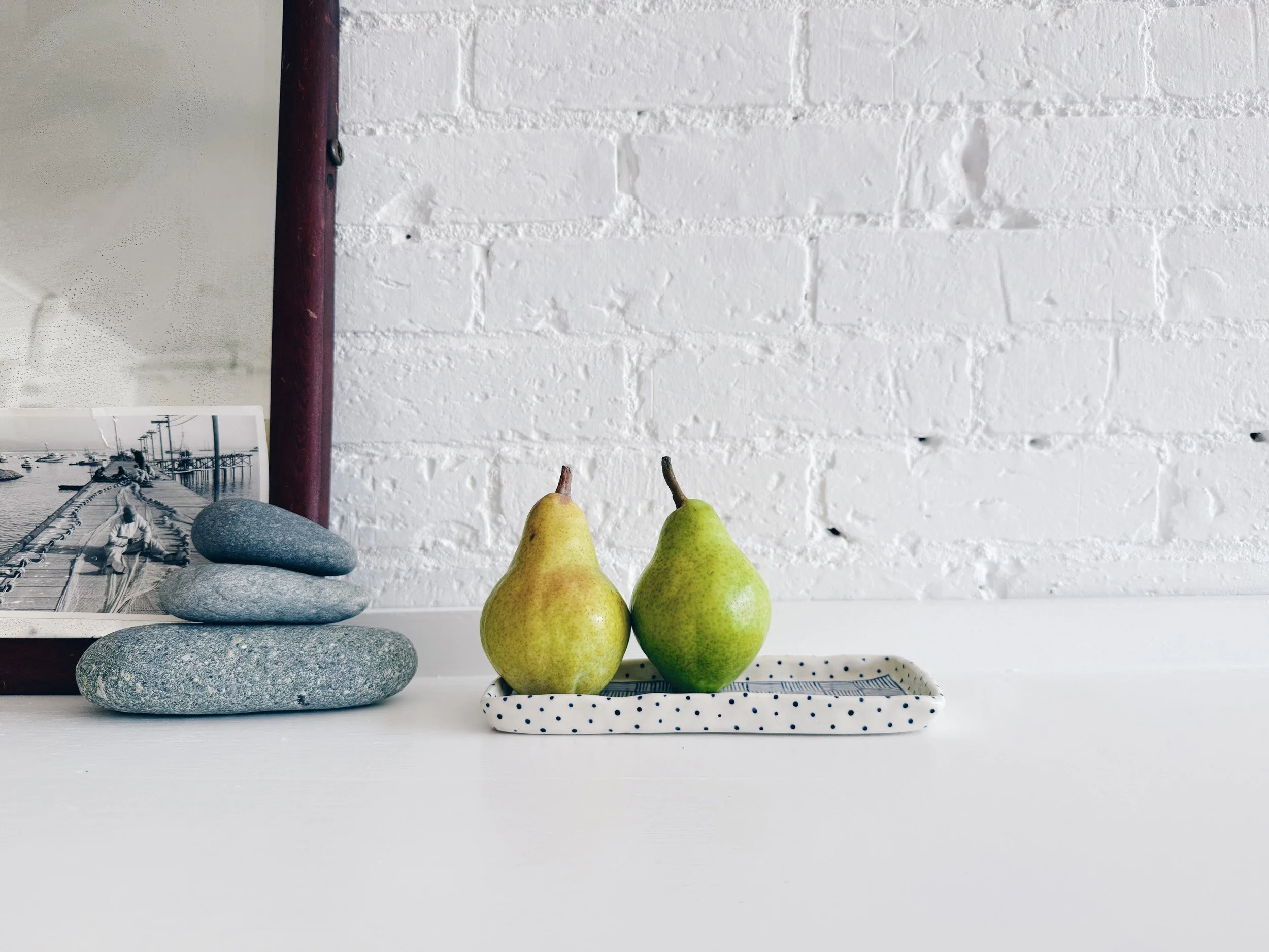 Blue and white, handmade ceramic plate.