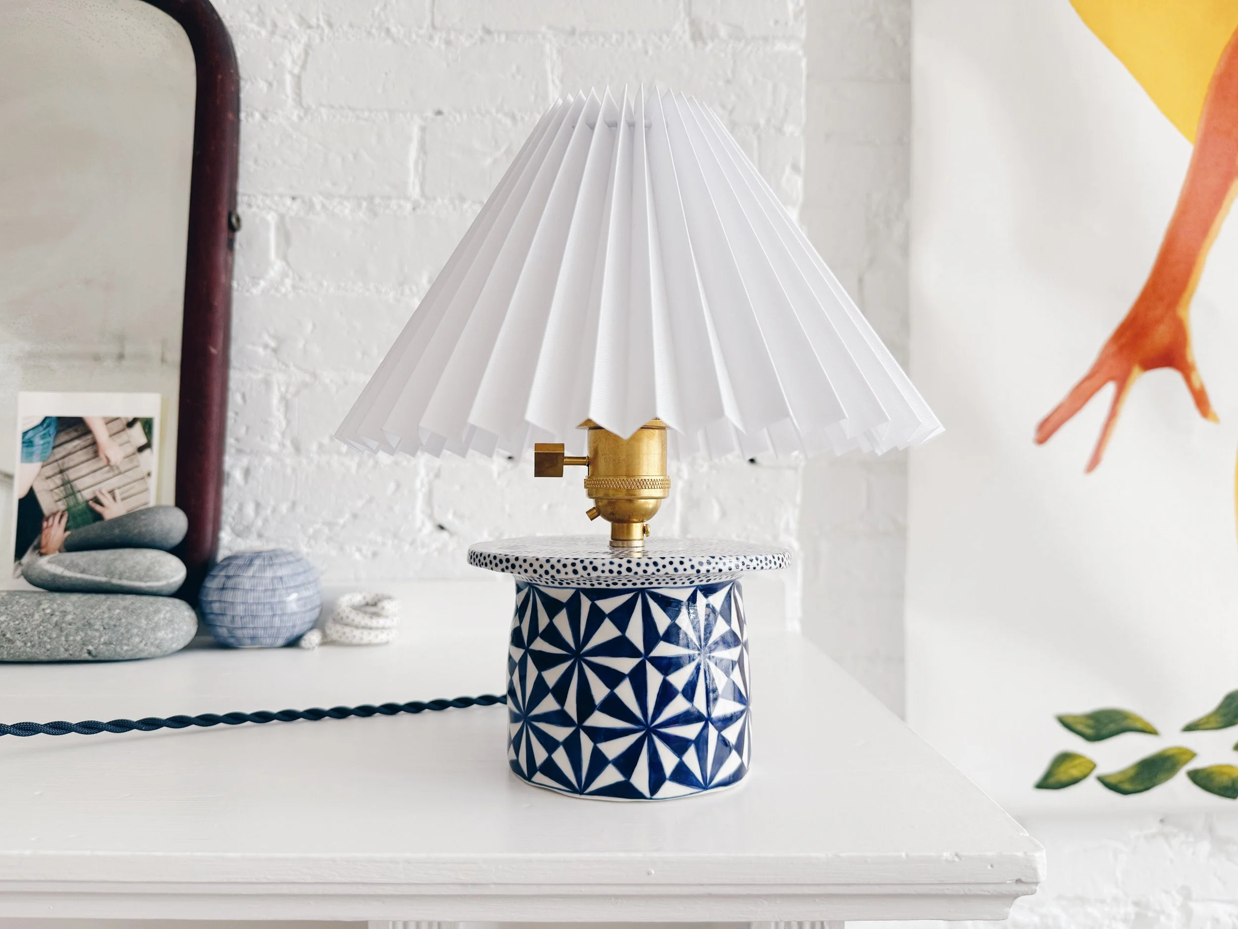 Blue and white, handmade ceramic lamp.