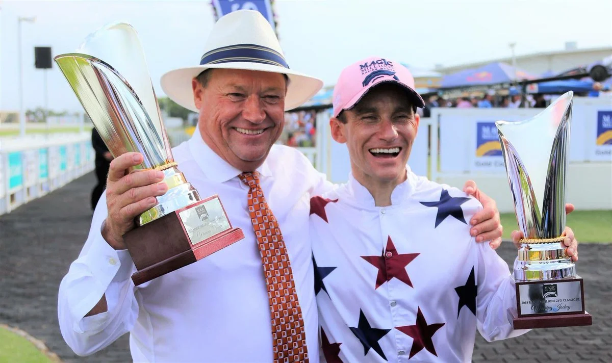 Trainer Tony McEvoy and jockey Luke Currie