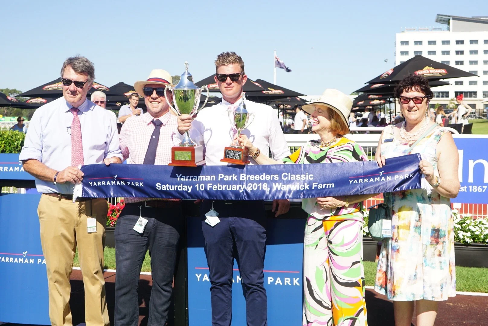 Tom Seymour, Julian Blaxland &amp; Gai Waterhouse after the win of Prompt Response in the Yarraman Park Group 2 Breeders Stakes at Warwick Farm