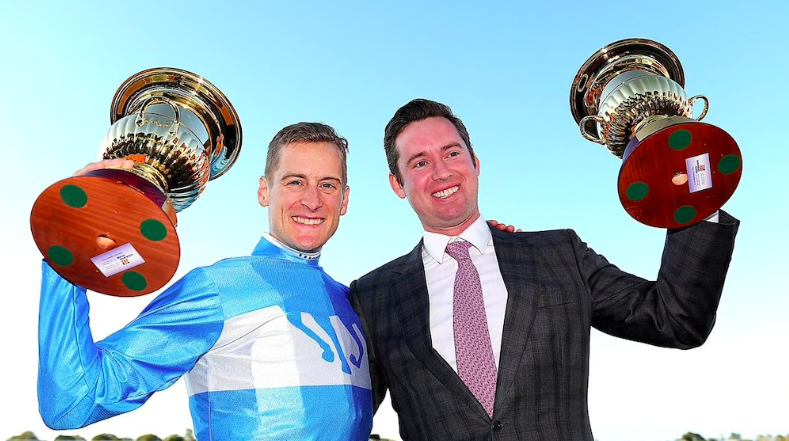 Jockey Blake Shinn with trainer Adrian Bott post race following Prompt Responses' dominant win in the Group 1 Tatts Tiara at Doomben