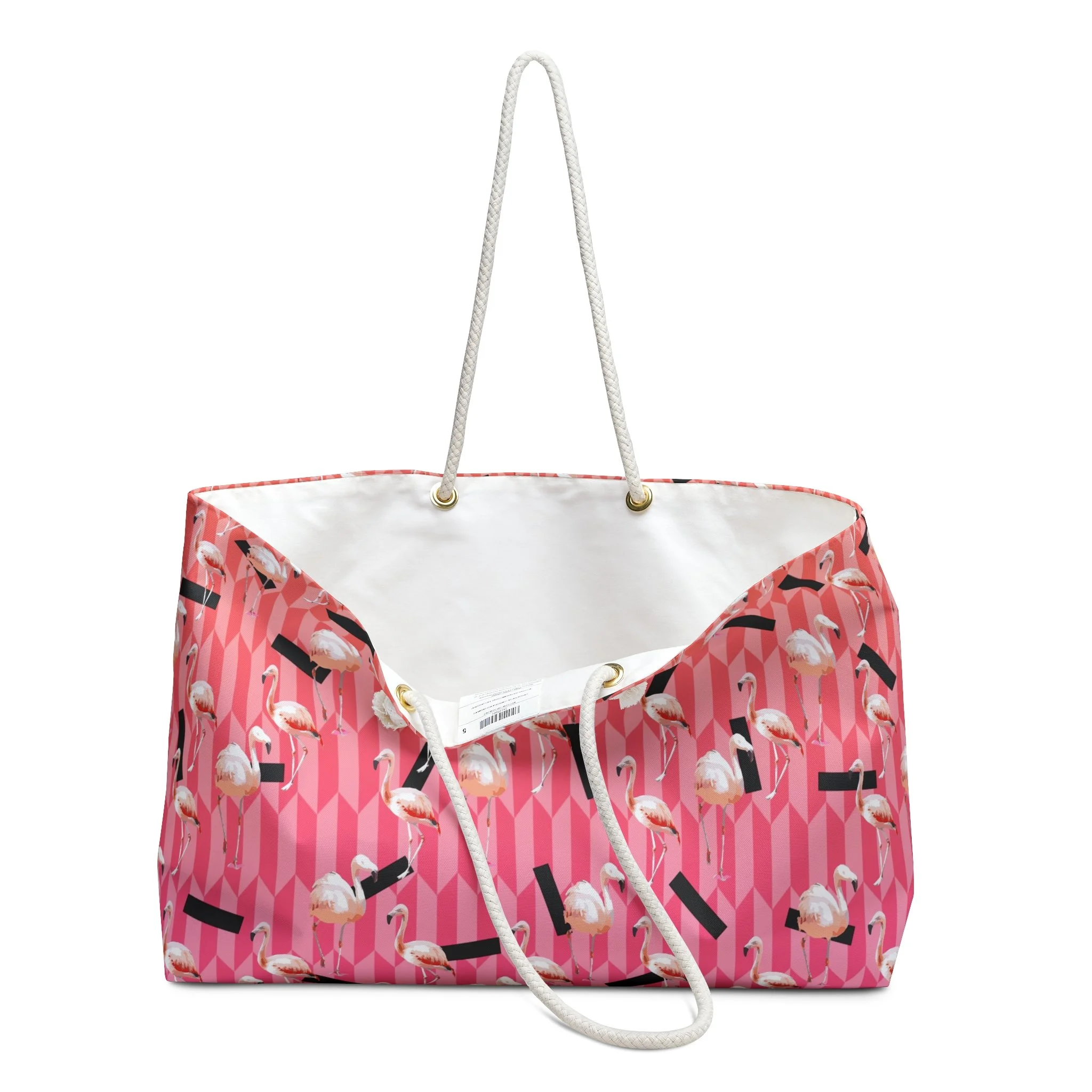 Candy Flamingos - Weekender Rope Handle Bag Open.png
