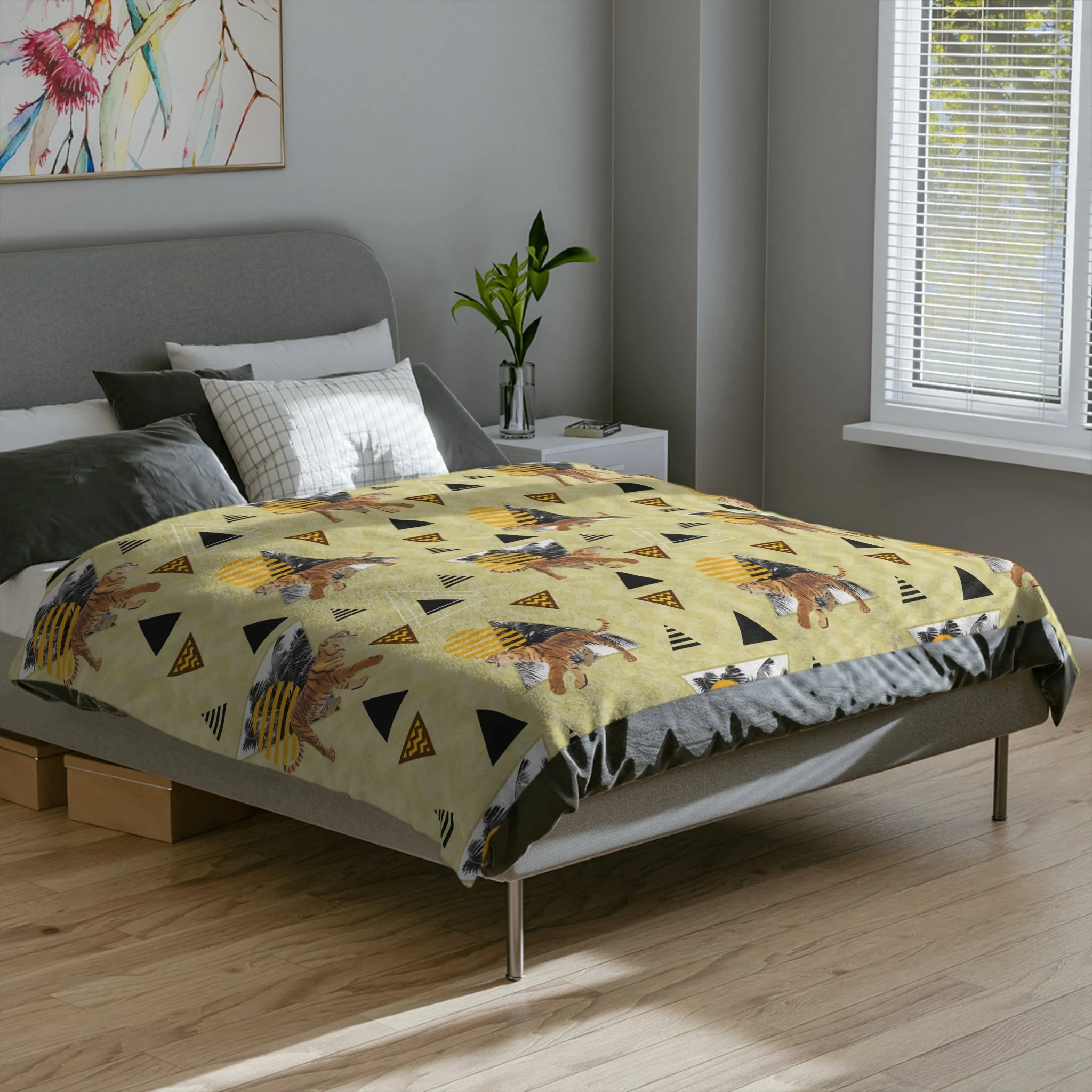 Bayside Tigers and Triangles - Fleece Blanket - On Bed.png