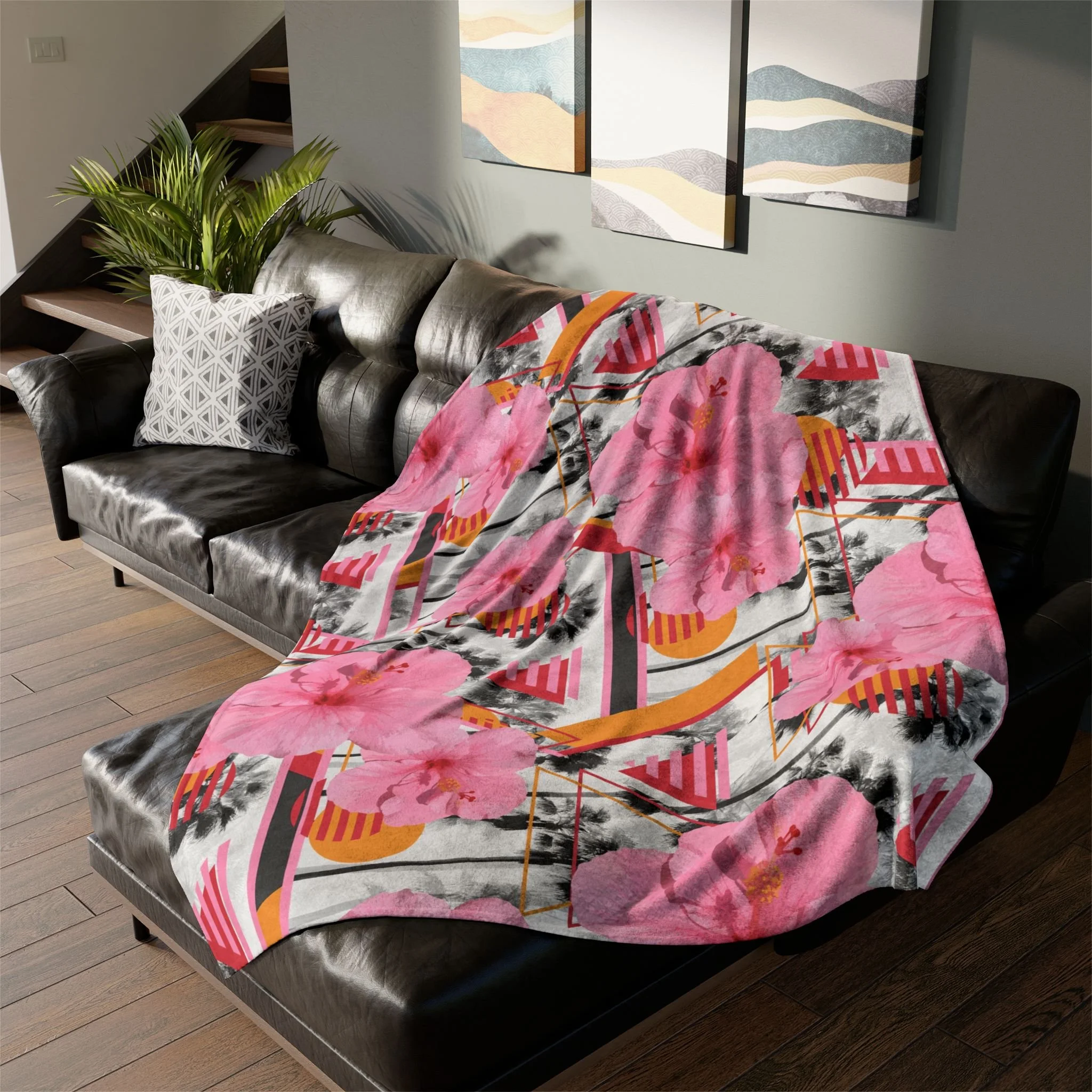 Sunset Pink Hibiscus Flowers - Fleece Blanket on L-Shaped Sectional.png