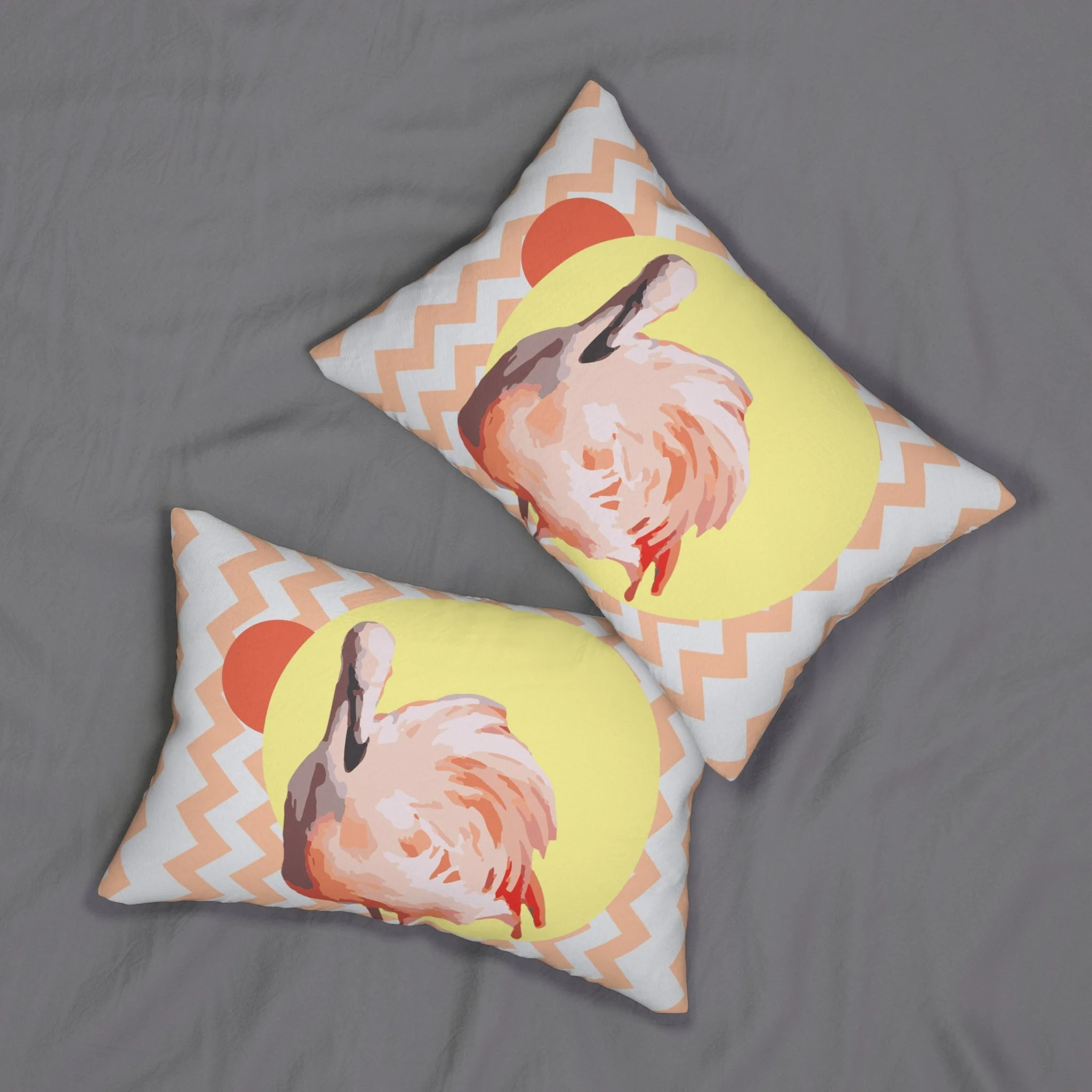 Zig Zag Flamingo - Lumbar Pillows on Bed.png