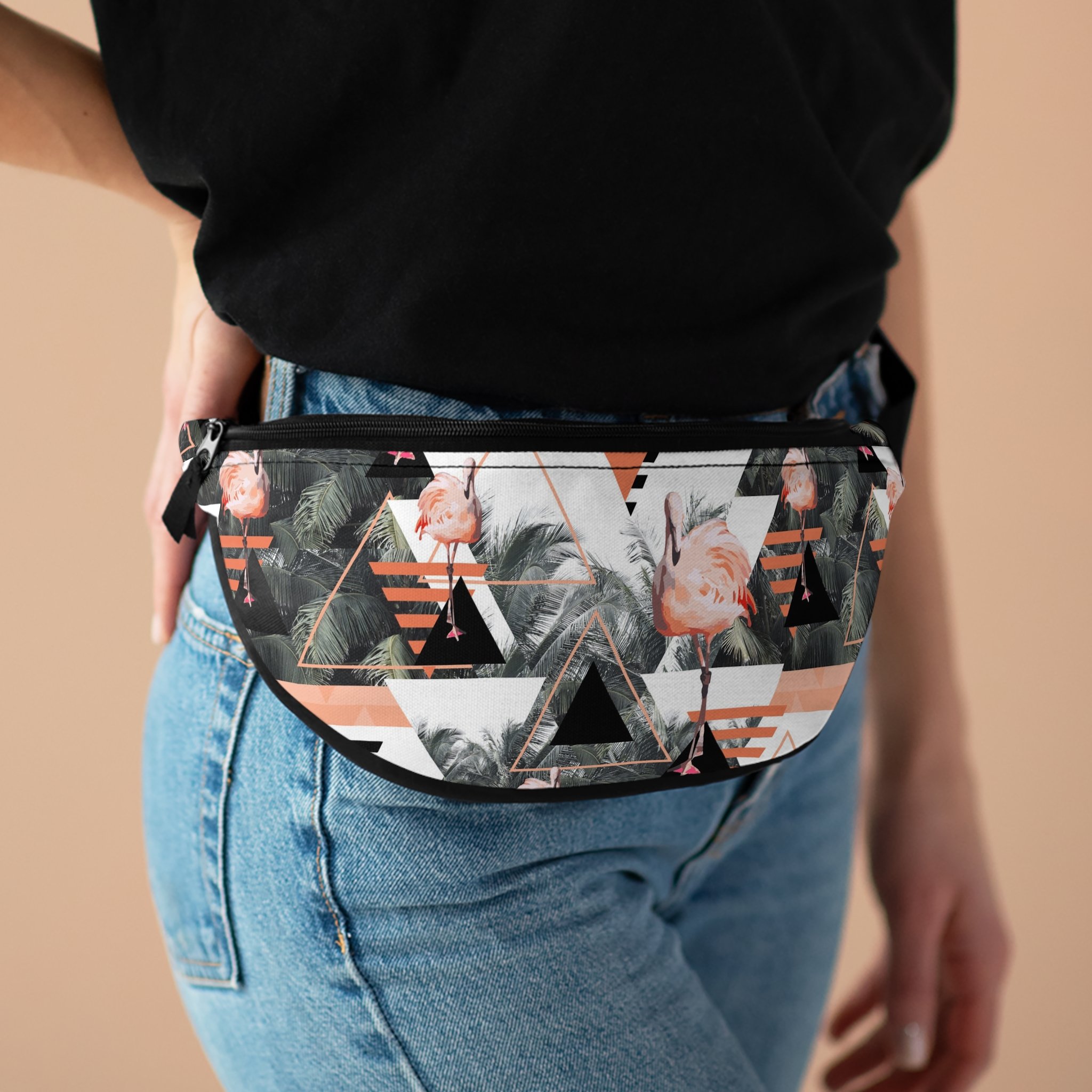 Black Beach Flamingos v3 - Fanny Pack - Lifestyle Woman.png