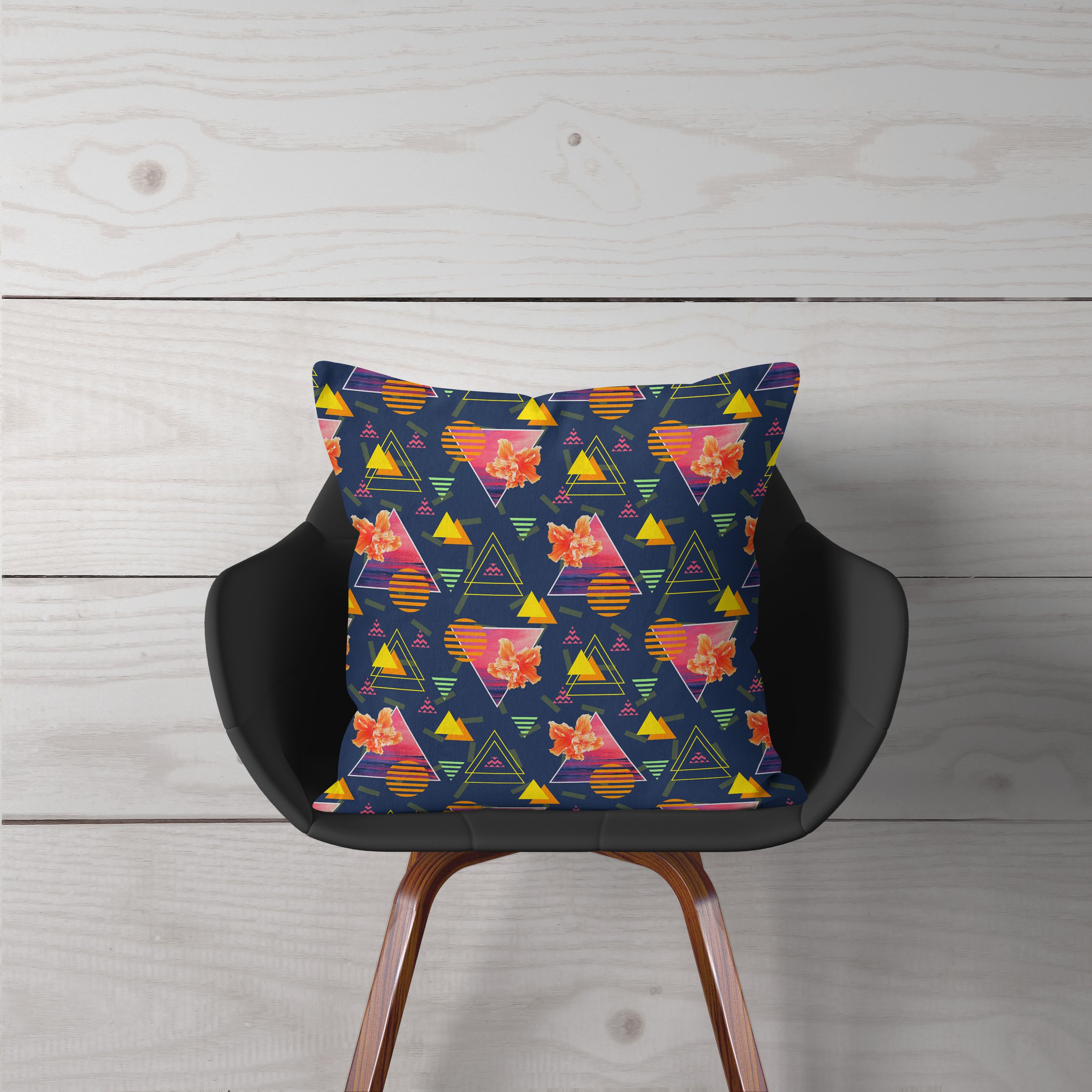 Hibiscus Sunrise - Pillow on Chair - Wood Background.jpg