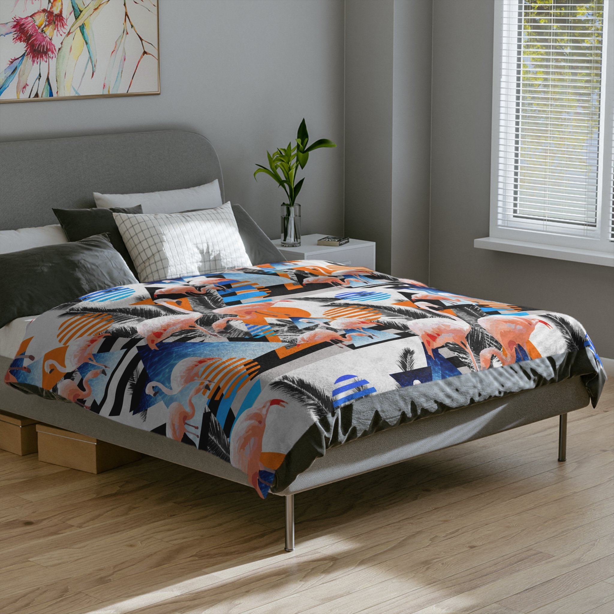 Tangerine Flamingos - Fleece Blanket on Bed.png