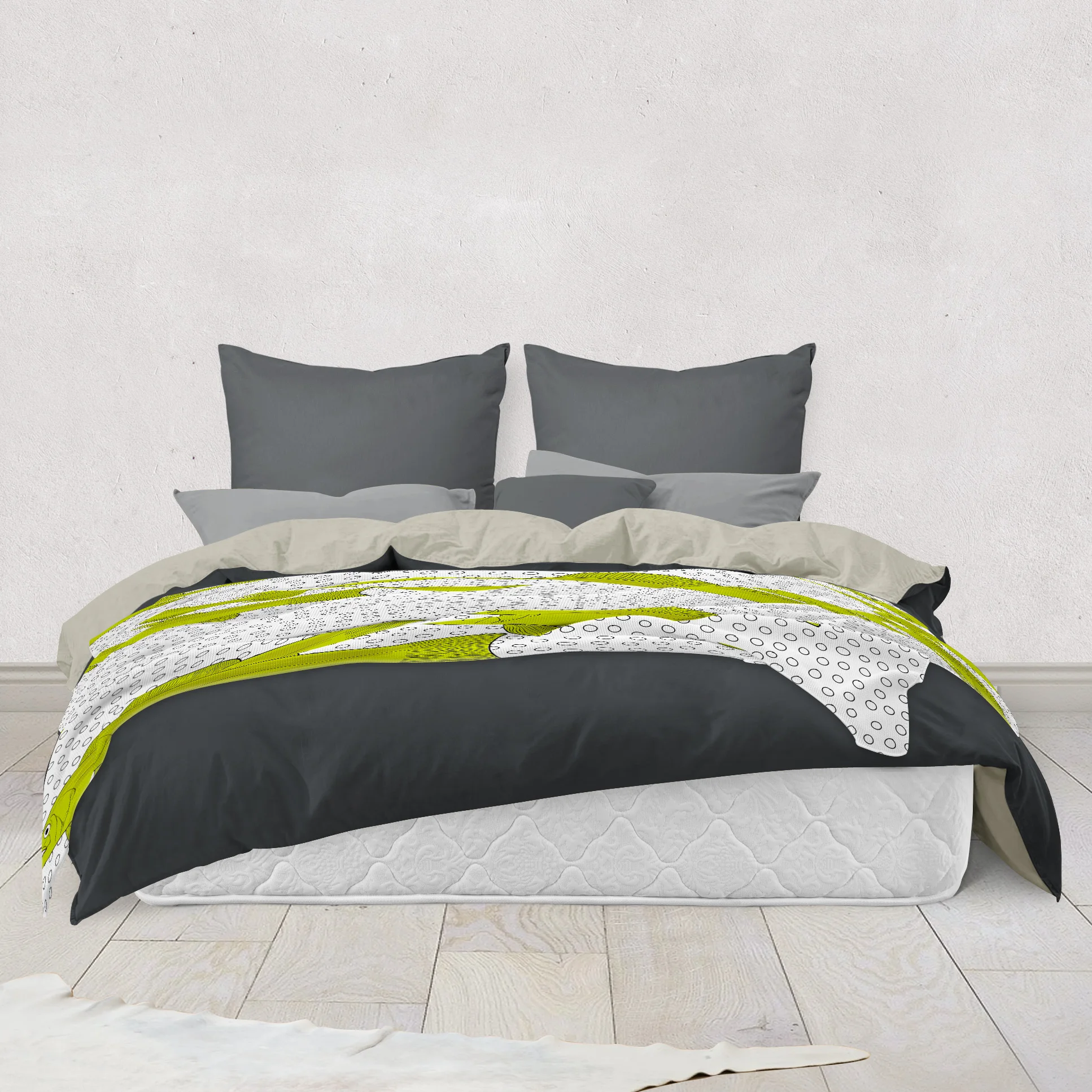 00 Revised Green Fish and Bubbles - Fleece Blanket on Bed.jpg