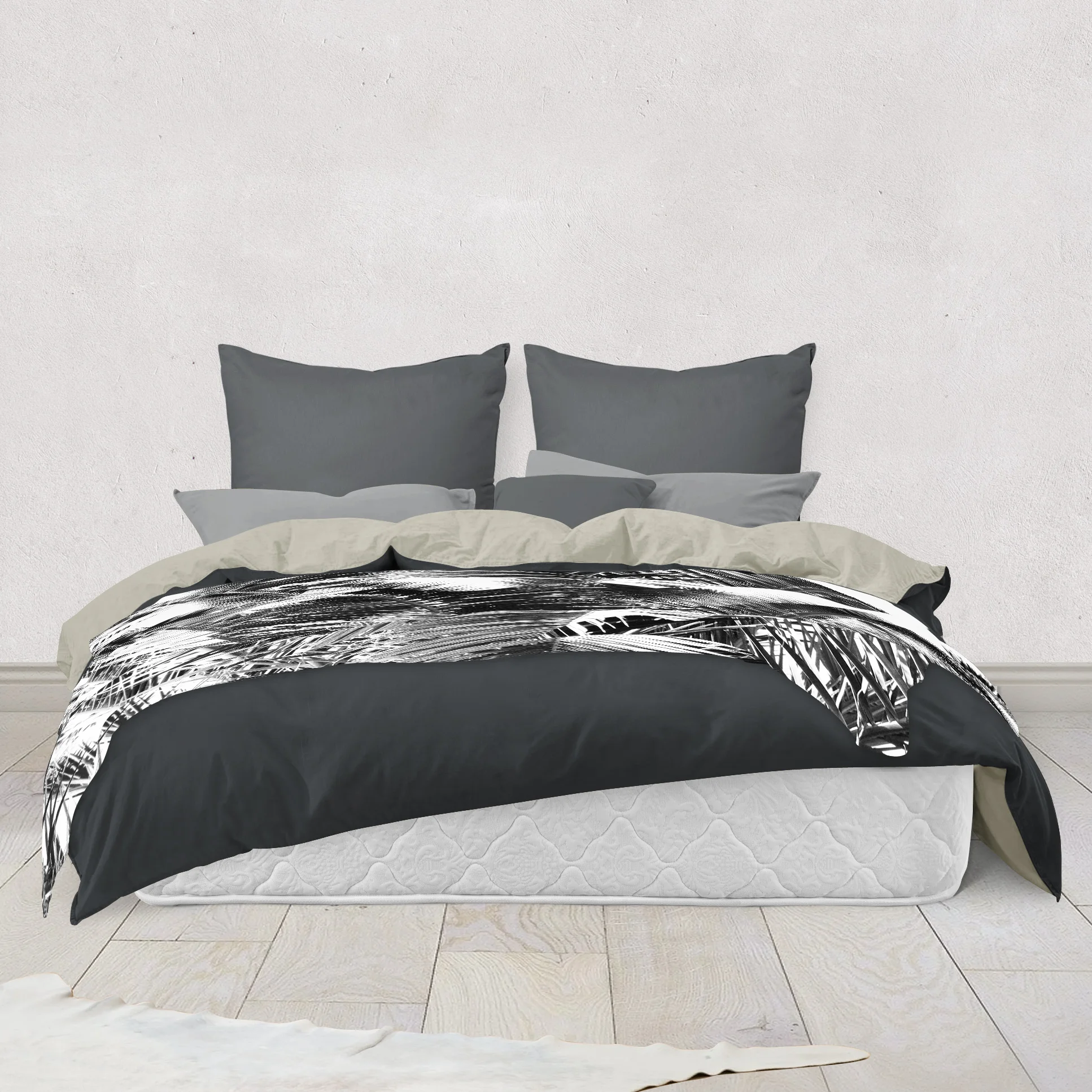 Black Summer Palms - Fleece Blanket on Bed.jpg