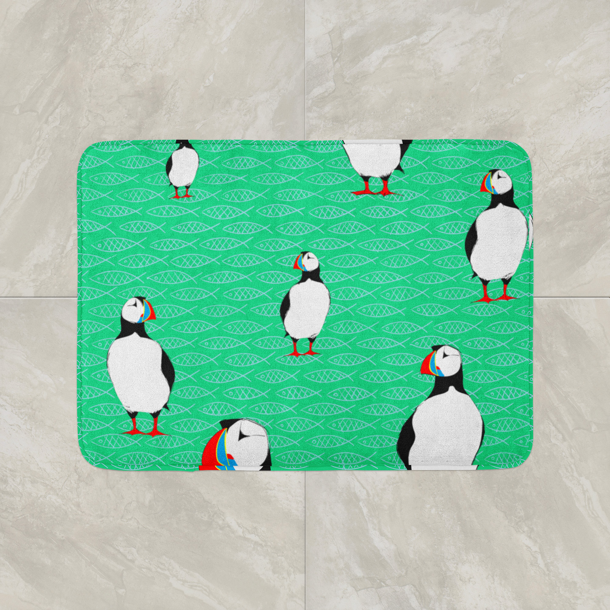Puffins and Fish by Elisabeth Maurland - Bath Mat