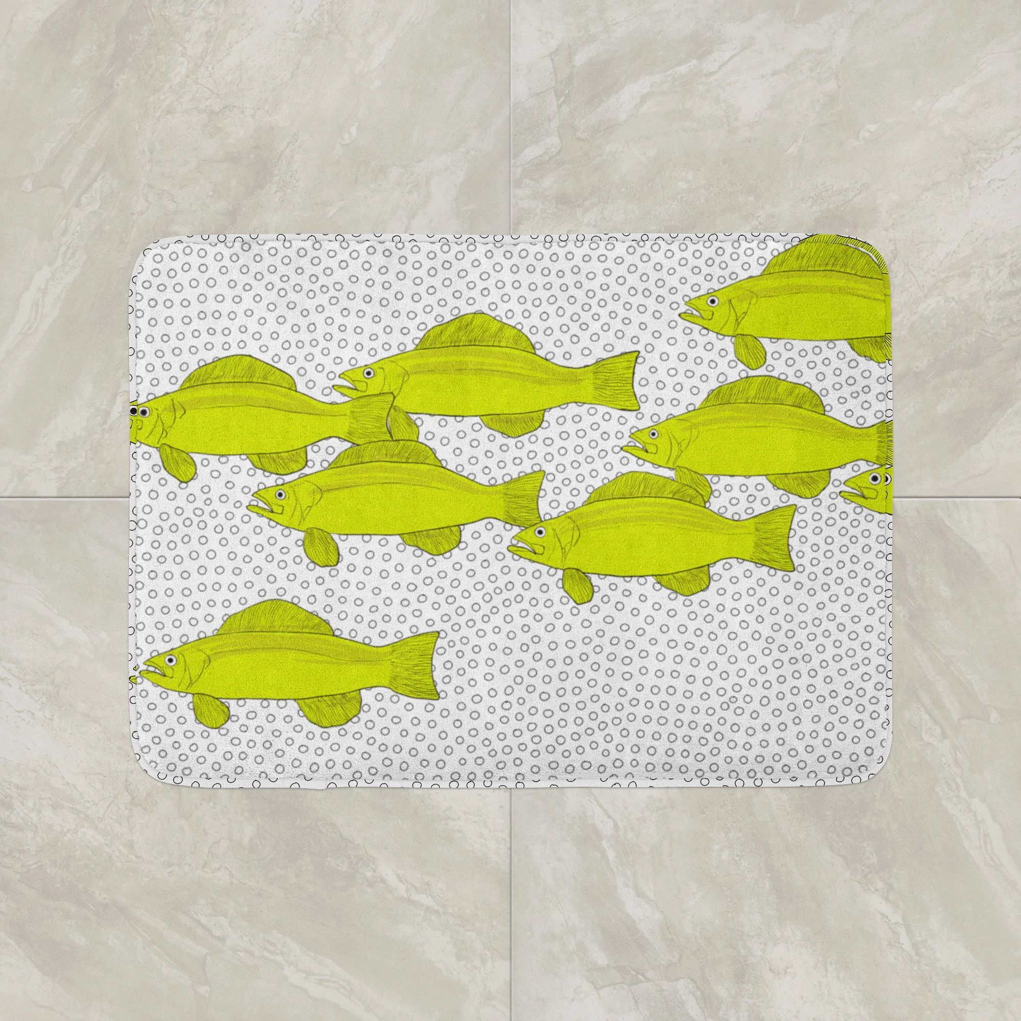 Green Fish and Bubbles by Elisabeth Maurland - Bath Mat