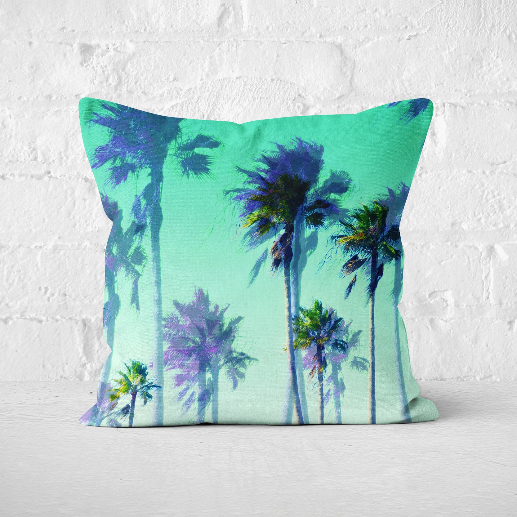 Jungle Green Palms - Square Pillow White Brick Background.jpg