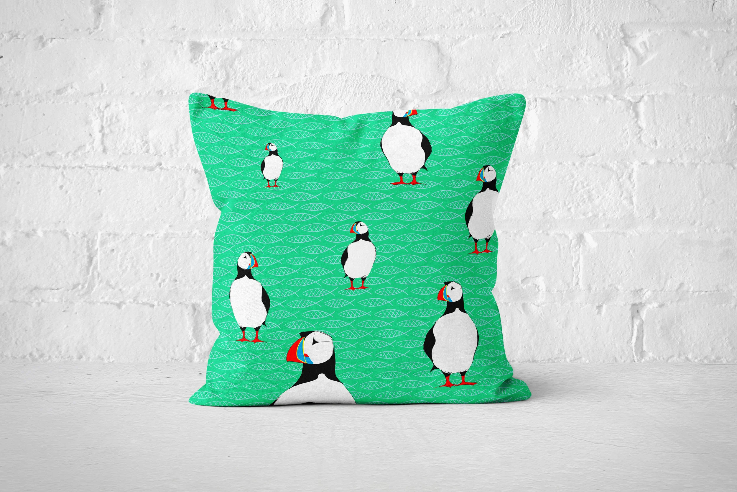 Puffins and Fish by Elisabeth Maurland - Throw Pillow