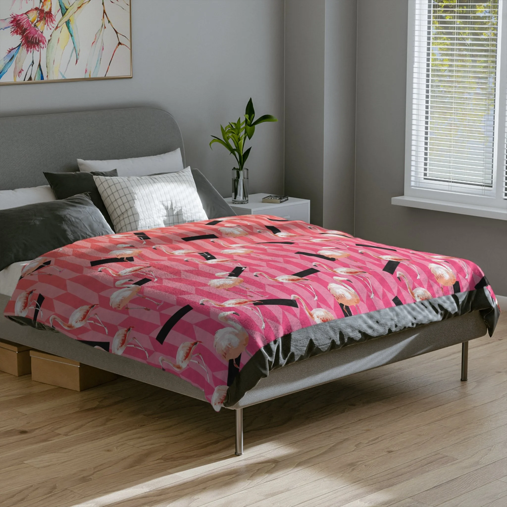Candy Flamingos - Fleece Blanket - On Bed.png