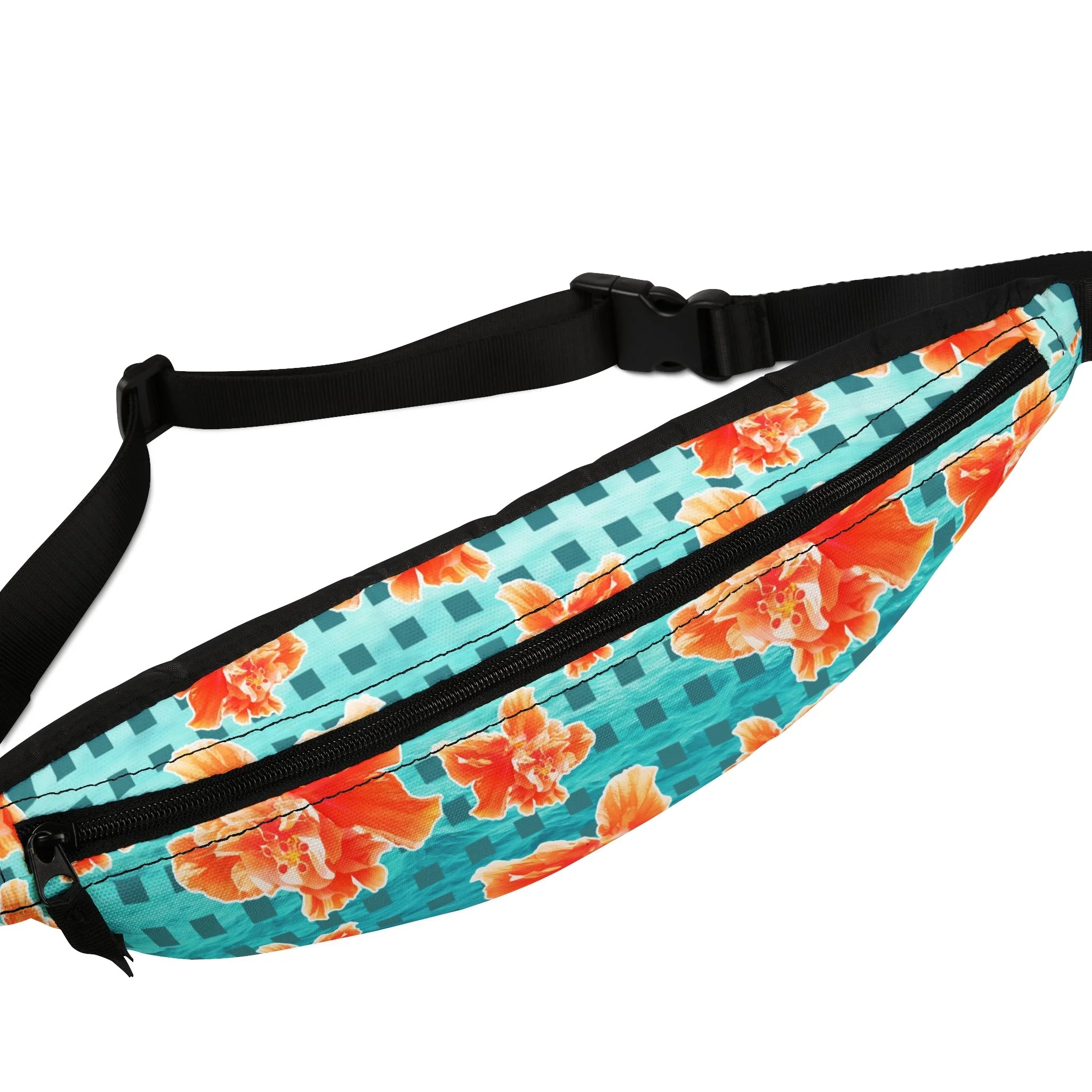 Checkered Orange Hibiscus on Turquoise Waters - Fanny Pack Top.png