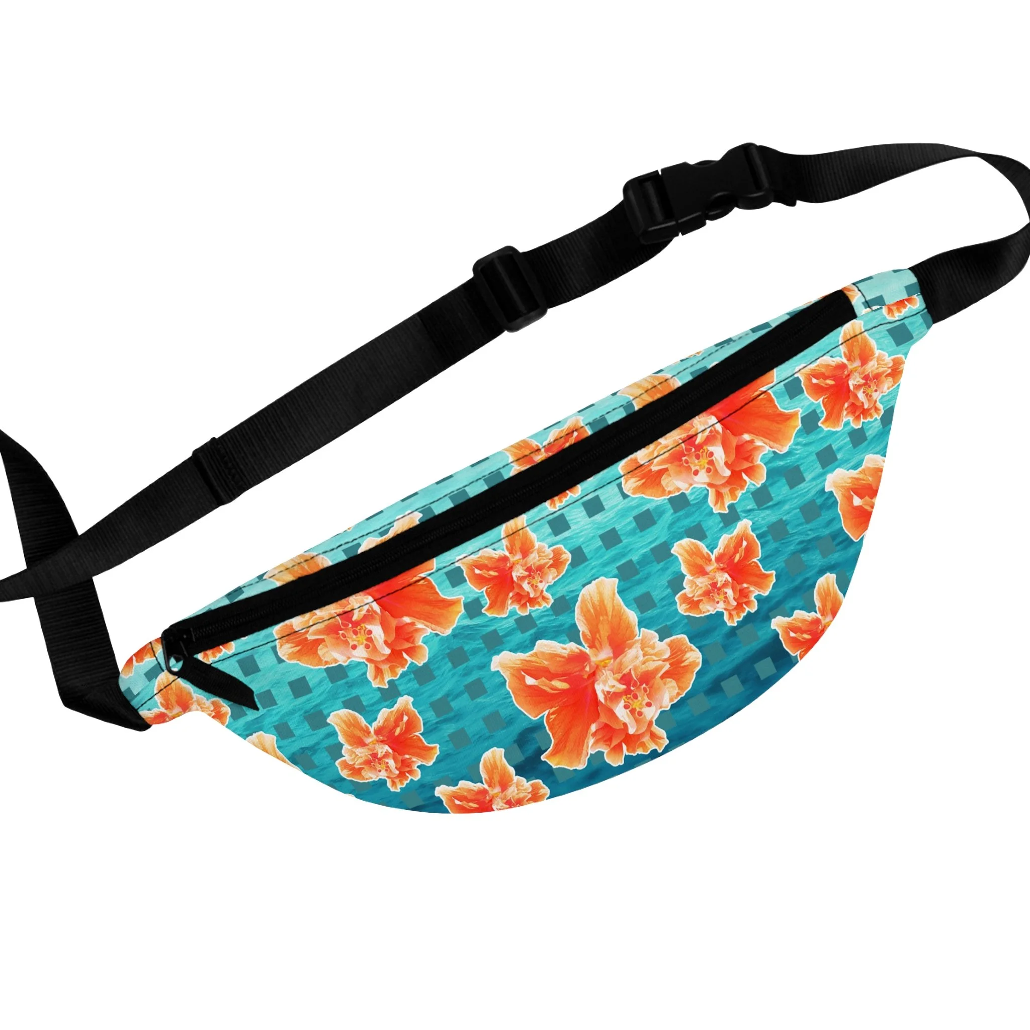 Checkered Orange Hibiscus on Turquoise Waters - Fanny Pack