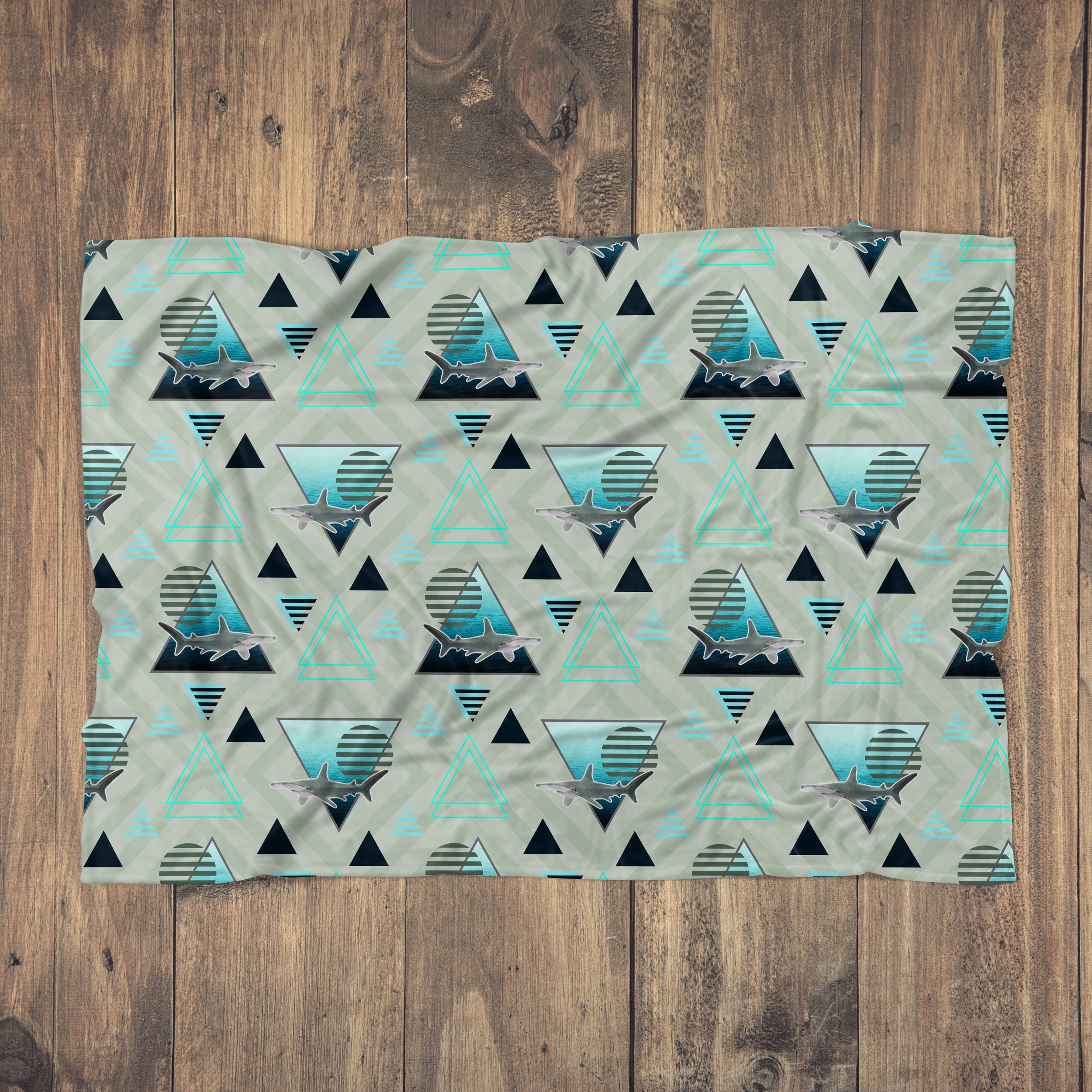 Aquamarine Hammerheads - Fleece Blanket on Wood Floor.jpg