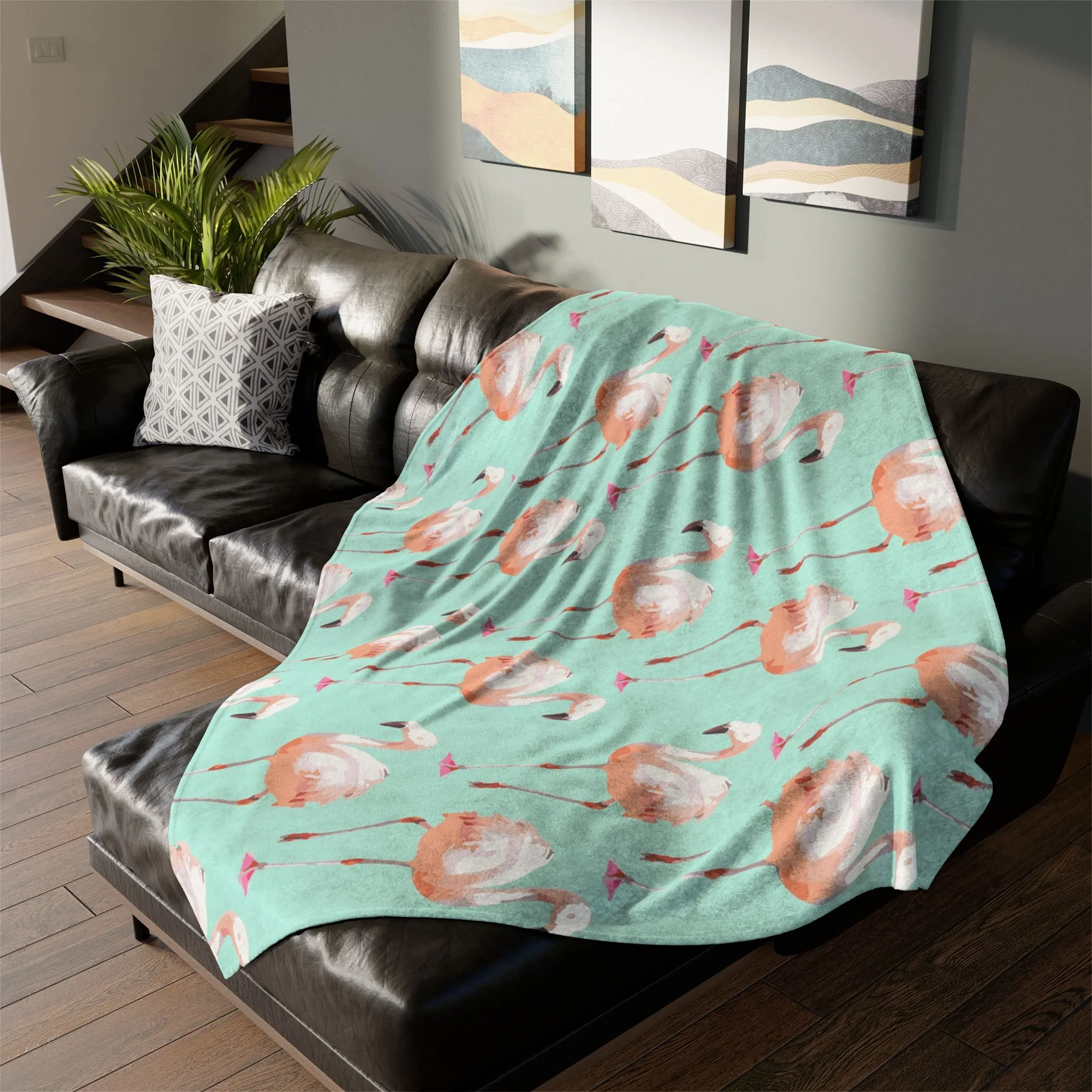 Walking Flamingos (Seafoam) - Fleece Blanket on L-Shaped Sectional.png