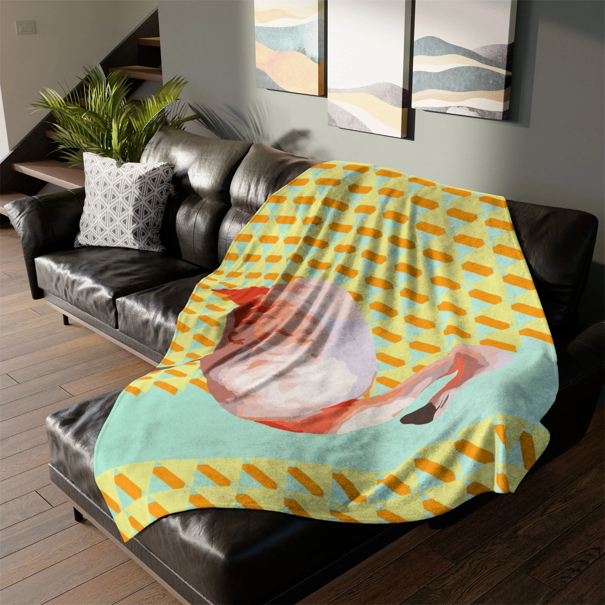 Breeze Flamingo - Fleece Blanket on L-Shaped Sectional.png