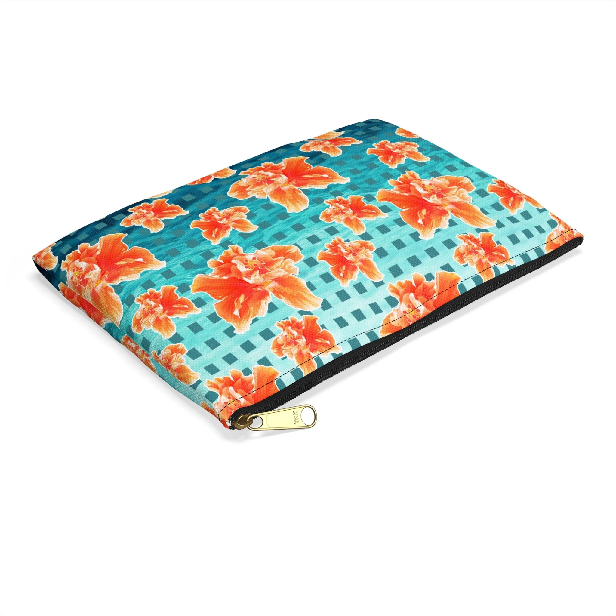 Checkered Orange Hibiscus on Turquoise Waters - Accessory Pouch (Small) Side.png