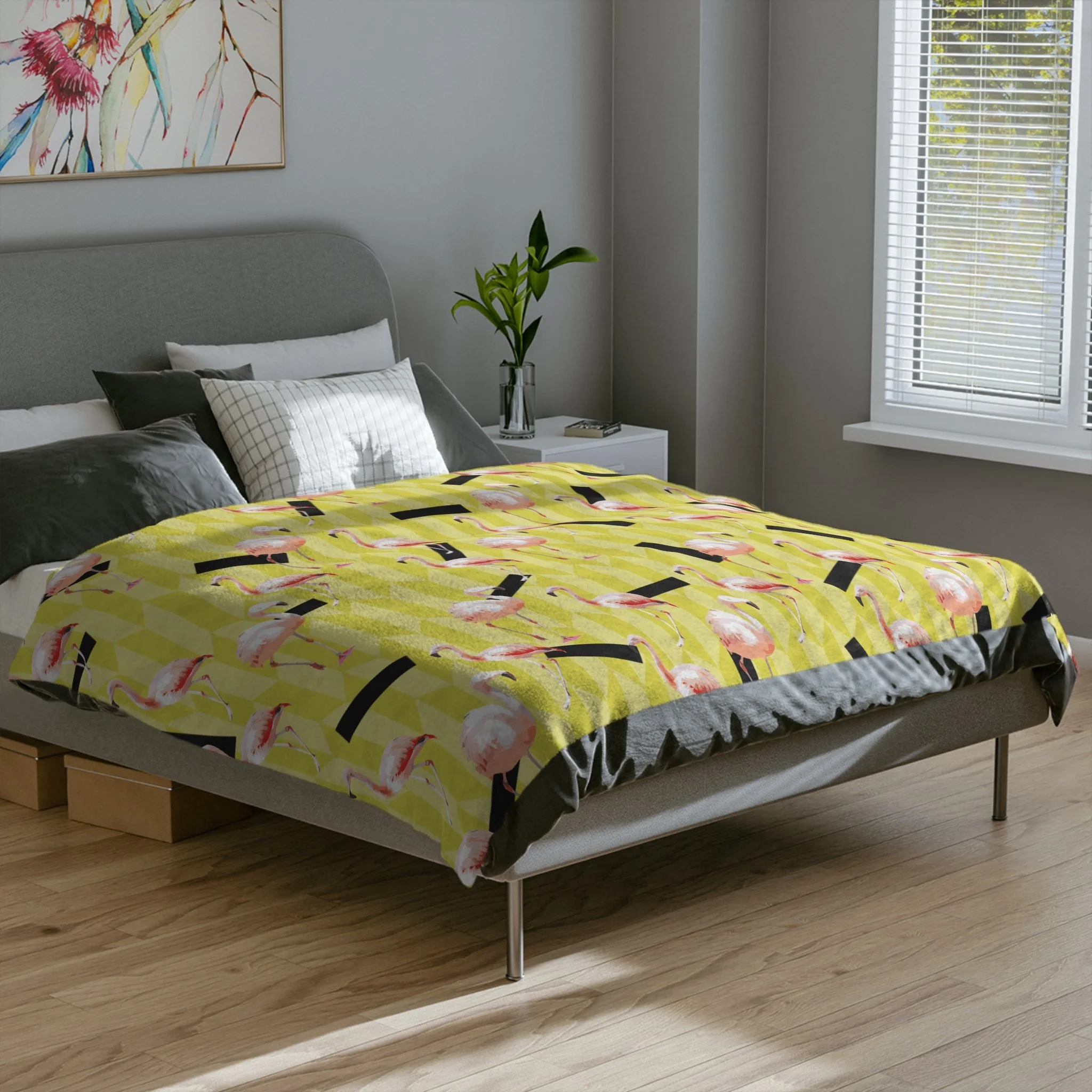 Lemon Flamingos - Fleece Blanket - On Bed.png