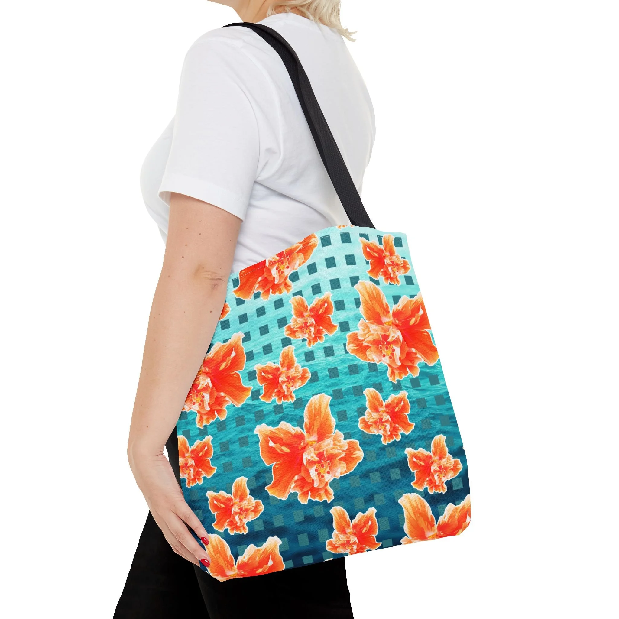 Checkered Orange Hibiscus on Turquoise Waters - Tote Bag 16x16 Person 2.png
